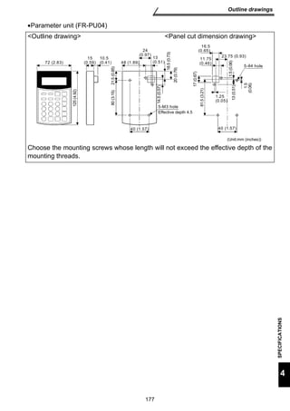 24 
(0.97) 
13 
(0.51) 
40 (1.57) 
177 
Outline drawings 
SPECIFICATIONS 
4 
•Parameter unit (FR-PU04) 
Outline drawing Panel cut dimension drawing 
125 (4.92) 
18.5 (0.73) 
20 (0.79) 
14.5 (0.57) 
5-M3 hole 
16.5 
(0.65) 
11.75 23.75 (0.93) 
(0.46) 
5- 4 hole 
17 (0.67) 
Effective depth 4.5 
1.25 
(0.05) 
1.5 (0.06) 
13 (0.51) 
40 (1.57) 
81.5 (3.21) 
1.5 
(0.06) 
72 (2.83) 
15 
(0.59) 
10.5 
(0.41) 
21.5 (0.85) 
80 (3.15) 
48 (1.89) 
(Unit:mm (inches)) 
Choose the mounting screws whose length will not exceed the effective depth of the 
mounting threads. 
 