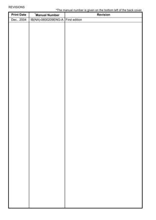 REVISIONS 
*The manual number is given on the bottom left of the back cover. 
Print Date *Manual Number Revision 
Dec., 2004 IB(NA)-0600209ENG-A First edition 
