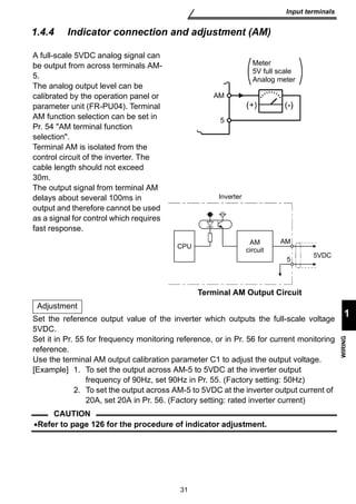 CPU 
31 
Input terminals 
1 
WIRING 
1.4.4 Indicator connection and adjustment (AM) 
A full-scale 5VDC analog signal can 
be output from across terminals AM- 
5. 
The analog output level can be 
calibrated by the operation panel or 
parameter unit (FR-PU04). Terminal 
AM function selection can be set in 
Pr. 54 AM terminal function 
selection. 
Terminal AM is isolated from the 
control circuit of the inverter. The 
cable length should not exceed 
30m. 
The output signal from terminal AM 
delays about several 100ms in 
output and therefore cannot be used 
as a signal for control which requires 
fast response. 
AM 
5 
Meter 
5V full scale 
Analog meter 
Terminal AM Output Circuit 
Set the reference output value of the inverter which outputs the full-scale voltage 
5VDC. 
Set it in Pr. 55 for frequency monitoring reference, or in Pr. 56 for current monitoring 
reference. 
Use the terminal AM output calibration parameter C1 to adjust the output voltage. 
[Example] 1. To set the output across AM-5 to 5VDC at the inverter output 
frequency of 90Hz, set 90Hz in Pr. 55. (Factory setting: 50Hz) 
2. To set the output across AM-5 to 5VDC at the inverter output current of 
20A, set 20A in Pr. 56. (Factory setting: rated inverter current) 
CAUTION 
•Refer to page 126 for the procedure of indicator adjustment. 
AM 
5 5VDC 
Inverter 
AM 
circuit 
Adjustment 
 