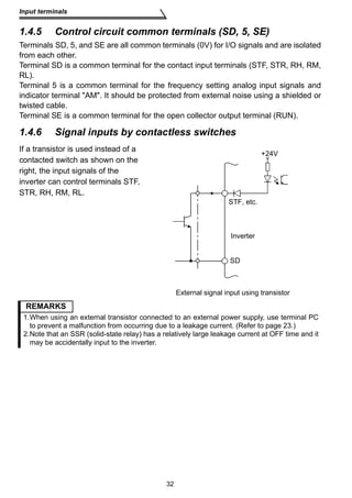 Input terminals 
1.4.5 Control circuit common terminals (SD, 5, SE) 
Terminals SD, 5, and SE are all common terminals (0V) for I/O signals and are isolated 
from each other. 
Terminal SD is a common terminal for the contact input terminals (STF, STR, RH, RM, 
RL). 
Terminal 5 is a common terminal for the frequency setting analog input signals and 
indicator terminal AM. It should be protected from external noise using a shielded or 
twisted cable. 
Terminal SE is a common terminal for the open collector output terminal (RUN). 
1.4.6 Signal inputs by contactless switches 
If a transistor is used instead of a 
contacted switch as shown on the 
right, the input signals of the 
inverter can control terminals STF, 
STR, RH, RM, RL. 
Inverter 
REMARKS 
1.When using an external transistor connected to an external power supply, use terminal PC 
to prevent a malfunction from occurring due to a leakage current. (Refer to page 23.) 
2.Note that an SSR (solid-state relay) has a relatively large leakage current at OFF time and it 
may be accidentally input to the inverter. 
32 
+24V 
STF, etc. 
SD 
External signal input using transistor 
 
