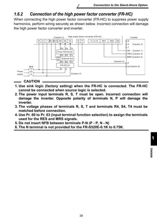 High power factor converter (FR-HC) Inverter 
(Caution 2) 
R S T R4 S4 T4 N P Y1 or Y2 RDY RSO SE 
(Caution 2) 
39 
Connection to the Stand-Alone Option 
1 
WIRING 
1.6.2 Connection of the high power factor converter (FR-HC) 
When connecting the high power factor converter (FR-HC) to suppress power supply 
harmonics, perform wiring securely as shown below. Incorrect connection will damage 
the high power factor converter and inverter. 
NFB 
CAUTION 
R4 S4 T4 
From FR-HCL02 
Power 
supply 
R 
S 
T 
SD 
(Caution 2) 
(Caution 1) 
RES (Caution 4) 
MRS (Caution 4) 
R3 S3 T3 
External box 
MC2 
MC1 
R2 S2 T2 
FR-HCL01 
R S T 
MC1MC2 
(Caution 5) 
P 
N (Caution 6) 
1. Use sink logic (factory setting) when the FR-HC is connected. The FR-HC 
cannot be connected when source logic is selected. 
2. The power input terminals R, S, T must be open. Incorrect connection will 
damage the inverter. Opposite polarity of terminals N, P will damage the 
inverter. 
3. The voltage phases of terminals R, S, T and terminals R4, S4, T4 must be 
matched before connection. 
4. Use Pr. 60 to Pr. 63 (input terminal function selection) to assign the terminals 
used for the RES and MRS signals. 
5. Do not insert NFB between terminals P-N (P - P, N - N) 
6. The N terminal is not provided for the FR-S520E-0.1K to 0.75K. 
 