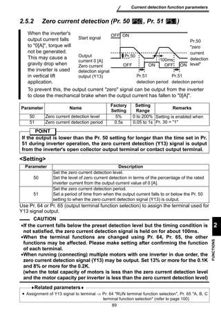 When the inverter's 
output current falls 
Start signal OFF ON 
to 0[A], torque will 
not be generated. 
This may cause a 
Pr.50 
100ms 
gravity drop when 
OFF OFF 
the inverter is used 
in vertical lift 
application. 
To prevent this, the output current zero signal can be output from the inverter 
to close the mechanical brake when the output current has fallen to 0[A]. 
Parameter Name Factory 
Setting 
ON ON 
Pr.51 
detection period 
Pr.51 
detection period 
50 Zero current detection level 5% 0 to 200% Setting is enabled when 
51 Zero current detection period 0.5s 0.05 to 1s Pr. 30 = 1 
POINT 
If the output is lower than the Pr. 50 setting for longer than the time set in Pr. 
51 during inverter operation, the zero current detection (Y13) signal is output 
from the inverter's open collector output terminal or contact output terminal. 
Parameter Description 
Set the zero current detection level. 
Set the level of zero current detection in terms of the percentage of the rated 
inverter current from the output current value of 0 [A]. 
Set the zero current detection period. 
Set a period of time from when the output current falls to or below the Pr. 50 
setting to when the zero current detection signal (Y13) is output. 
89 
Current detection function parameters 
2 
FUNCTIONS 
2.5.2 Zero current detection (Pr. 50 , Pr. 51 ) 
Setting 
Setting 
Range Remarks 
50 
51 
Use Pr. 64 or Pr. 65 (output terminal function selection) to assign the terminal used for 
Y13 signal output. 
CAUTION 
•If the current falls below the preset detection level but the timing condition is 
not satisfied, the zero current detection signal is held on for about 100ms. 
•When the terminal functions are changed using Pr. 64, Pr. 65, the other 
functions may be affected. Please make setting after confirming the function 
of each terminal. 
•When running (connecting) multiple motors with one inverter in due order, the 
zero current detection signal (Y13) may be output. Set 13% or more for the 0.1K 
and 8% or more for the 0.2K. 
(when the total capacity of motors is less than the zero current detection level 
and the motor capacity per inverter is less than the zero current detection level) 
♦Related parameters♦ 
• Assignment of Y13 signal to terminal ⇒ Pr. 64 RUN terminal function selection, Pr. 65 A, B, C 
terminal function selection (refer to page 100) 
Pr.50 
zero 
current 
detection 
level 
Output 
current 0 [A] 
Zero current 
detection signal 
output (Y13) 
 