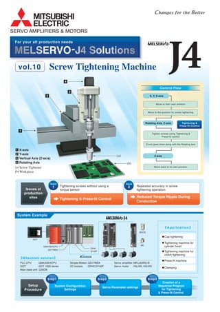 (a)
(b)
1
2
3
4
(a)
(b)
Screw Tightener
Workpiece
X-axis
Y-axis
Vertical Axis (Z-axis)
Rotating Axis
1
3
2
4
SERVO AMPLIFIERS & MOTORS
vol.10
MELSERVO-J4 Solutions
For your all production needs
Screw Tightening Machine
•Cap tightening
•Press-fit machine
•Clamping
•Tightening machine for
cylinder head
•Tightening machine for
clutch tightening
System Example
Repeated accuracy in screw
tightening operation
Reduced Torque Ripple During
Conduction
Tightening & Press-fit Control
Issue
2Tightening screws without using a
torque sensor
Issue
1
Step3
Creation of a
Sequence Program
for Tightening
& Press-fit Control
PLC CPU
GOT
Main base unit
Q06UDEHCPU
GOT 1000 series
Q35DB
:
:
:
:
:
Servo amplifier
Servo motor
MR-J4(W3)-B
HG-SR, HG-KR
Simple Motion
I/O module
QD77MS4
QX40,QY40P
:
:
Step2
Servo Parameter settings
Step1
System Configuration
Settings
GOT
Q06UDEHCPU
QD77MS4
QY40P
QX40
MCCB
MC
Issues at
production
sites
Mitsubishi solution
Application
S
Setup
Procedure
X, Y, Z-axis
Rotating Axis, Z-axis
Z-axis
Move to their wait position.
Move to the position for screw tightening.
Control Flow
Tightening &
Press-fit Control
Tighten screws using Tightening &
Press-fit control.
Z-axis goes down along with the Rotating axis.
Move back to its wait position.
 
