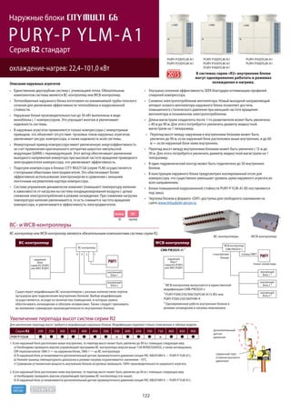 122
R410A
хладагент
Единственная двухтрубная система с утилизацией тепла. Обязательным
компонентом системы является ВС-контроллер или WCB-контроллер.
Теплообменник наружного блока изготовлен из алюминиевой трубы плоского
сечения для увеличения эффективности теплообмена и коррозионной
стойкости.
Наружные блоки производительностью до 56 кВт выполнены в виде
моноблока с 1 компрессором. Это упрощает монтаж и увеличивает
надежность системы.
В наружных агрегатах применяются только компрессоры с инверторным
приводом, что объясняет отсутствие пусковых токов наружных агрегатов,
увеличивает ресурс компрессора, а также надежность всей системы.
Инверторный привод компрессора имеет увеличенную энергоэффективность
за счет применения оригинального алгоритма широтно-импульсной
модуляции (ШИМ) с перемодуляцией. Этот метод обеспечивает увеличение
выходного напряжения инвертора при высокой частоте вращения приводного
электродвигателя компрессора, что увеличивает эффективность.
Подогрев компрессора в блоках CITY MULTI G6 (серия YLM) осуществляется
статорными обмотками электродвигателя. Это обеспечивает более
эффективное использование электроэнергии в сравнении с внешним
ленточным нагревателем картера компрессора.
Система управления динамически изменяет (повышает) температуру кипения
в зависимости от нагрузки на систему кондиционирования воздуха с целью
снижения электропотребления в режиме охлаждения. При снижении нагрузки
температура кипения увеличивается, то есть снижается частота вращения
компрессора, и увеличивается эффективность электродвигателя.
Улучшена сезонная эффективность SEER благодаря оптимизации профилей
спиралей компрессора.
Снижено электропотребление вентилятора. Новый выходной направляющий
аппарат осевого вентилятора наружного блока позволяет достичь
повышенного статического давления при меньшей частоте вращения
вентилятора и пониженном электропотреблении.
Длина магистрали хладагента после 1-го разветвителя может быть увеличена
с 40 м до 90 м. Для этого потребуется увеличить диаметр жидкостной
магистрали на 1 типоразмер.
Перепад высот между наружным и внутренними блоками может быть
увеличен до 90 м, если наружный блок расположен выше внутренних, и до 60
м — если наружный блок ниже внутренних.
Перепад высот между внутренними блоками может быть увеличен с 15 м до
30 м. Для этого потребуется увеличить диаметр жидкостной магистрали на 1
типоразмер.
В один гидравлический контур может быть подключено до 50 внутренних
блоков.
В конструкции наружного блока предусмотрен изолированный отсек для
компрессора, что существенно уменьшает уровень шума наружного агрегата во
всех направлениях.
Блоки повышенной коррозионной стойкости PURY-P YLM-A1-BS поставляются
под заказ.
Чертежи блоков в формате «DXF» доступны для свободного скачивания на
сайте www.mitsubishi-aircon.ru
PURY-P YLM-A1
охлаждение-нагрев: 22,4–101,0 кВт
Наружные блоки
Серия R2 стандарт
PURY-P200YLM-A1
PURY-P250YLM-A1
PURY-P300YLM-A1
PURY-P350YLM-A1
PURY-P400YLM-A1
PURY-P450YLM-A1
PURY-P500YLM-A1
2015
новинка
ВС-контроллер или WCB-контроллер являются обязательными компонентами системы серии R2.
BC- и WCB-контроллеры
В системах серии «R2» внутренние блоки
могут одновременно работать в режимах
охлаждения и нагрева.
1. Если наружный блок расположен выше внутренних, то перепад высот может быть увеличен до 90 м с помощью следующих мер.
а) Необходимо проверить версию управляющей программы ВС-контроллера (версия выше 7.04 KE90D326X03), а также активировать
DIP-переключатели: SW6-3 — на наружном блоке, SW6-1 — на ВС-контроллере.
б) В наружный блок устанавливается дополнительный датчик промежуточного давления (опция PAC-KBU91MH-E — PURY-PYLM-A1).
в) Нижняя граница температурного диапазона в режиме нагрева ограничивается значением –10°С.
г) Суммарная установочная мощность внутренних блоков не должна превышать 100% производительности наружного агрегата.
2. Если наружный блок расположен ниже внутренних, то перепад высот может быть увеличен до 60 м с помощью следующих мер.
а) Необходимо проверить версию управляющей программы ВС-контроллера (см. выше).
б) В наружный блок устанавливается дополнительный датчик промежуточного давления (опция PAC-KBU91MH-E — PURY-PYLM-A1).
Увеличение перепада высот систем серии R2
дополнительный
датчик
давления
сервисный порт
(сторона высокого
давления)
наружный
блок
серии R2 (PURY)
или WR2 (PQRY)
BC-контроллер
1234
внутренний
блок 1
CMB-PW202V-J1 1
внутренний
блок 2
BC-контроллер
PWFY
наружный
блок 2
серии R2 (PURY)
или WR2 (PQRY)
WCB-контроллер
CMB-PW202V-J
внутренний
блок 1 3
внутренний
блок 2 3
внутренний
блок 3 3
к блоку PWFY
только нагрев воды
к внутренним
блокам
WCB-контроллер
PWFY
Существуют модификации ВС-контроллеров с разным количеством портов
(штуцеров для подключения внутренних блоков). Выбор модификации
осуществляется, исходя из количества помещений, в которых нужно
обеспечивать охлаждение и обогрев независимо. Также следует принимать
во внимание суммарную производительность внутренних блоков.
1
WCB-контроллер выпускается в единственной
модификации CMB-PW202V-J.
2
PURY-P200/250/300/350YLM-A(1)(-BS) или
PQRY-P200/250/300YHM-A
3
Одновременная работа внутренних блоков в
режиме охлаждения и нагрева невозможна.
ВС-контроллеры WCB-контроллер
Описание наружных агрегатов
Для увеличения перепада высот требуется модификация наружных блоков. Модификации подлежат только отмеченные в таблице модели.
Серия R2 200 250 300 350 400 450 500 550 600 650 700 750 800 850 900
PURY-PY(S)LM × ×
DXF
чертежи
Антикор
-BS
 