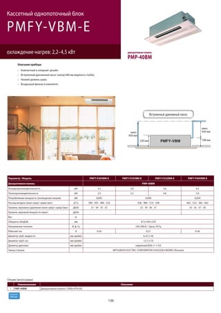 136
R410A
хладагент
PMFY-VBM-E
охлаждение-нагрев: 2,2–4,5 кВт
Кассетный однопоточный блок
Параметр / Модель PMFY-P20VBM-E PMFY-P25VBM-E PMFY-P32VBM-E PMFY-P40VBM-E
Декоративная панель PMP-40BM
Холодопроизводительность кВт 2,2 2,8 3,6 4,5
Теплопроизводительность кВт 2,5 3,2 4,0 5,0
Потребляемая мощность (охлаждение-нагрев) кВт 0,042 0,044 0,054
Расход воздуха (низк-сред1-сред2-выс) м3/ч 390 - 432 - 480 - 522 438 - 480 - 516 - 558 462 - 522 - 582 - 642
Уровень звукового давления (низк-сред1-сред2-выс) дБ(А) 27 - 30 - 33 - 35 32 - 34 - 36 - 37 33 - 35 - 37 - 39
Уровень звуковой мощности (макс) дБ(А)
Вес кг
Габариты (ШхДхВ) мм 812×395×230
Напряжение питания В, ф, Гц 220-240 В, 1 фаза, 50 Гц
Рабочий ток А 0,20 0,21 0,26
Диаметр труб: жидкость мм (дюйм) 6,35 (1/4)
Диаметр труб: газ мм (дюйм) 12,7 (1/2)
Диаметр дренажа мм (дюйм) наружный Ø26 (1-1/32)
Завод (страна) MITSUBISHI ELECTRIC CORPORATION SHIZUOKA WORKS (Япония)
Опции (аксессуары)
Наименование Описание
1 PMP-40BM Декоративная панель (1000×470×30)
Описание прибора
Компактный и изящный дизайн.
Встроенный дренажный насос (напор 600 мм водяного столба).
Низкий уровень шума.
Воздушный фильтр в комплекте.
декоративная панель
PMP-40BM
 