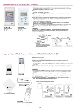 158
Упрощенный пульт PAC-SE51CRA (M-NET) / PAC-YT52CRA (МА)
Беспроводной пульт PAR-FL32MA, приемники ИК-сигналов PAR-FA32MA, PAR-SA9FA, PAR-SL94B-E
‡ Возможности управления ограничены включением/ выключением, установкой целевой
температуры, регулировкой скорости вентилятора, переключением режимов и изменением
направления воздушной заслонки (PAC-YT52CRA).
‡ Информативный дисплей.
‡ Установка температуры с точностью 1°С.
‡ Пульт управления PAC-YT52CRA поддерживает возможность установки разных значений
целевых температур для режима охлаждения и нагрева (в автоматическом режиме работы
систем серии «R2»).
‡ Пульт PAC-YT52CRA оснащен жидкокристаллическим экраном увеличенного размера, а также
имеет плоский корпус шириной 14,5 мм. Поэтому не потребуется штробление стены под
установочную коробку пульта.
‡ Подключается к любым внутренним блокам.
PAC-SE51CRA — подключается в любую точку сигнальной линии M-NET без соблюдения
полярности. Группы формируются программно.
PAC-YT52CRA — подключается к специальной клеммной колодке (ТВ15) на внутреннем блоке.
Установка адреса не требуется. Группы формируются отдельной сигнальной линией.
‡ Встроенный датчик температуры.
Примечание.
Поскольку PAC-SE51CRA не имеет возможности переключения рабочего режима, следует
использовать его совместно со стандартными пультами в одной группе или совместно с
центральным контроллером.
‡ Информативный дисплей.
‡ Установка температуры с точностью 1°С.
‡ Подключается к любым внутренним блокам к специальной клеммной колодке ТВ15 на
внутреннем блоке.
‡ Установка адреса не требуется. Группы формируются отдельной сигнальной линией (аналогично
PAR-31MAA).
‡ Светодиодный индикатор на корпусе фотоприемника сигнализирует о состоянии: включен/
выключен или неисправен (индикатор мигает). По количеству миганий определяется код
неисправности.
Примечания:
1. Комплект PAR-FA32MA/PAR-FL32MA нельзя подключать в одну группу со стандартным пультом
PAR-F27MEA или упрощенным пультом PAC-SE51CRA, следует применять PAR-31MAA или PAC-
YT52CRA.
2. Для внутренних блоков PKFY-P VBM/VHM/VKM-E приемник ИК-сигналов PAR-FA32MA не требуется.
3. Фотоприёмник PAR-SA9FA устанавливается вместо одного из уголков декоративной панели PLP-
6BA кассетных блоков PLFY-P VBM-E.
4. Фотоприёмник из комплекта PAR-SL94B-E устанавливается в корпус подвесного блока PCFY-P
VKM-E вместо декоративной заглушки «Mitsubishi Electric».
PAR-FL32MAPAR-FA32MA
PAR-SA9FA
(для моделей PLFY-P VBM-E)
TB15 TB15
TB5TB5
Пример применения упрощенных пультов
Примечание.
Схема является условной. В одной системе не
рекомендуется использовать одновременно
пульты управления МЕ- и МА-типов.
блок питания
PAC-SC51KUA
(AG-150A/EB-50GU)
упрощенный МА-пульт
PAC-YT52CRA
упрощенный МE-пульт
PAC-SE51CRA
контроллер AG-150A/AE-200E
или EB-50GU/EW-50E
TB15
TB5
TB15
TB5
TB15
TB5
TB15
TB5
Пример подключения приемника ИК-сигналов
PAC-SE51CRA
Габаритные размеры
(Ш х В х Г):
70 х 120 х 41
PAC-YT52CRA
Габаритные размеры
(Ш х В х Г):
70 х 120 х 14,5
PAR-SL94B-E
(комплект для моделей PCFY-P VKM-E:
приемник ИК-сигналов и пульт управления)
 