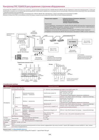 184
Контроллер PAC-YG66DCA для управления сторонним оборудованием
блок питания
PAC-SC51KUA
(для AG-150A и EB-50GU)
контроллеры
AE-200E/AE-50E
(AG-150A, EB-50GU)
Подключение внешних цепей
Входы Выходы
Контроллер PAC-YG66DCA используется в сочетании с центральными контроллерами AG-150A/EB-50GU/AE-200E/AE-50E для управления сторонним оборудованием, а также для
мониторинга сигналов о его состоянии. Два канала управления и мониторинга подключаются непосредственно к контроллеру, и 4 дополнительных канала могут быть организованы
с помощью внешней платы расширения.
Объекты управления выводятся на экран контроллеров AG-150A/AE-200E/AE-50E, в веб-браузер, а также в программу диспетчеризации TG-2000A.
Внешние сигналы могут быть использованы в качестве входных параметров для управления элементами системы кондиционирования.
TB3
M-NETM-NET
локальная сеть
Ethernet
TB7
линия
центральных
контроллеров
линия внутренних блоков
PAC-YG66DCA
PAC-YG66DCA блок питания
24 В пост. тока
Вентиляция,
освещениеидр.
блок питания
24 В пост. тока
Вентиляция,
освещениеидр.
City Multi
Каждый канал содержит: (a) Выход: включить/выключить (включить)
(b) Выход: выключить
(c) Вход: включен/выключен
(d) Вход: исправен/неисправен
Ограничения:
1) В зоне управления 1 контроллера AG-150A/EB-50GU/AE-200E/AE-50E может быть подключено до 50
приборов PAC-YG66DCA (50 каналов). Суммарное количество внутренних блоков и задействованных
каналов в приборе PAC-YG66DCA не должно превышать 50.
2) Поддержка контроллера EB-50GU реализована в программе TG-2000A, начиная с версии 6.4.
4) Поддержка контроллеров AE-200E/AE-50E реализована в программе TG-2000A, начиная с версии 6.5.
× до 6 каналов
(2 канала на плате контроллера,
4 дополнительных канала через
внешнюю плату расширения)
× до 6 каналов
(2 канала на плате контроллера,
4 дополнительных канала через
внешнюю плату расширения)
(c)(a) (b) (d)
(c)(a) (b) (d)
Канал 1 Канал 2
+ + + +
вкл/выкл исправен/
неисправен
вкл/выкл исправен/
неисправен
Внешние
цепи
Внешние
цепи
прибор
PAC-YG66DCA
прибор
PAC-YG66DCA
24 В
пост. тока
CN04
Канал 1 Канал 2
V2Y1Y1
X1
(выкл)
вкл/выкл, (вкл) вкл/выкл, (вкл)
(выкл) В скобках () указано назначение
контактов при использовании
импульсного выхода.
Блокпитания
V1(пост.)
Блокпитания
V2(пост.)
Нагрузка
веб-браузер
или TG-2000A
Спецификация прибора
Параметр Значение (описание)
Блок питания 24 В пост. тока ± 10%, 5 Вт
Интерфейсы
Сигнальная линия M-NET 17 - 30 В пост. тока (эквивалентный индекс в сети M-NET равен 1/4)
Наплатеконтроллера
выход (*3)
Включено/выключено
(импульс — включено)
Сухой контакт (реле) (2)
Нагрузочная способность:
макс.: 24 В пост. тока, 5 Вт
мин.: 5 В пост. тока, 2 мВт
* Не допускается прикладывать переменное напряжение.
Транзистор (2) 24 В пост. тока, 40 мА и менее (тип выхода — открытый коллектор)
Импульс — выключено
Сухой контакт (реле) (2)
Нагрузочная способность:
макс.: 24 В пост. тока, 5 Вт
мин.: 5 В пост. тока, 2 мВт
* Не допускается прикладывать переменное напряжение.
Транзистор (2) 24 В пост. тока, 40 мА и менее (тип выхода — открытый коллектор)
вход
Вкл/выкл
Сухой контакт (каждый из 2)
24 В пост. тока, 1 мА и менее (питание подведено от этого
устройствак внешнему контакту)Норма/Авария
Расширение
выход (*3)
Включено/выключено
(импульс — включено) Транзистор (каждый из 4) 24 В пост. тока, 40 мА и менее (тип выхода — открытый коллектор)
Импульс — выключено
вход
Вкл/выкл Вход 24 В пост. тока
(каждый из 4)
24 В пост. тока, 1 мА и менее (внешний источник)
Норма/Авария
Длительность выходного импульса 1 с ± 30 мс
Условия
эксплуатации
и хранения
Температура
Диапазон рабочих температур 0 ~ 40°C
Температура хранения –20 ~ 60°C
Влажность 30 - 90% (не допускается конденсация)
Размеры 200 (Ш) × 120 (В) × 45 (Г) мм
Вес 0,6 кг
Внутренние
часы
При отключении электропитания внутренний источник питания поддерживает ход часов в течение 1 недели. Для зарядки источника требуется 1 день. Замена
источника не предполагается.
Документация (см. www.mitsubishi-aircon.ru):
1) Руководство по установке и настройке прибора PAC-YG66DCA — файл WT04977X05.pdf
 