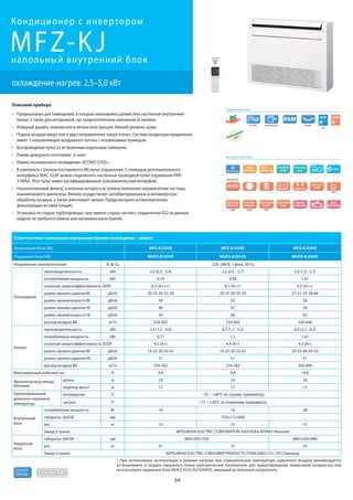 34
R410A
хладагент
MFZ-KJнапольный внутренний блок
охлаждение-нагрев: 2,5–5,0 кВт
Кондиционер с инвертором
Описание прибора
Предназначен для помещений, в которых невозможно разместить настенные внутренние
блоки, а также для интерьеров, где предпочтительна напольная установка.
Изящный дизайн, компактная и легкая конструкция. Низкий уровень шума.
Подача воздуха вверх или в двух направлениях: вверх и вниз. Система воздухораспределения
имеет 3 направляющих воздушного потока с независимым приводом.
Беспроводный пульт со встроенным недельным таймером.
Режим дежурного отопления «I save».
Режим экономичного охлаждения «ECONO COOL».
В комплекте с блоком поставляется ИК-пульт управления. С помощью дополнительного
интерфейса MAC-333IF можно подключить настенный проводной пульт управления PAR-
31MAA. Этот пульт имеет русифицированный пользовательский интерфейс.
Наноплатиновый фильтр, в волокна которого встроены платиново-керамические частицы
нанометрового диапазона. Фильтр осуществляет антибактериальную и антивирусную
обработку воздуха, а также уничтожает запахи. Предусмотрена антиаллергенная
фильтрующая вставка (опция).
Установка на старые трубопроводы: при замене старых систем с хладагентом R22 на данные
модели не требуется замена или промывка магистралей.
1 При интенсивной эксплуатации в режиме нагрева при отрицательной температуре наружного воздуха рекомендуется
устанавливать в поддон наружного блока электрический нагреватель для предотвращения замерзания конденсата или
использовать наружный блок MUFZ-KJ25/35/50VEHZ, имеющий встроенный нагреватель.
накаткаPokiPoki вентиляторDC
АВТО
ЗАСЛОНКА
ЯРКО-
БЕЛЫЙ
ПОТОК
ЦЕНТРАЛЬНОЕ
ВКЛ/ВЫКЛ
опция
наружный блок
внутренний блок
АВТО
НАНОплатиновый
фильтр
АНТИАЛЛЕРГЕН
(ЭНЗИМ)
АВТОСМЕНА
ОХЛАЖДЕНИЕ
ЗИМОЙАВТОРЕСТАРТ
опция
Фреонопроводы
R22
ПОДКЛЮЧЕНИЕ
КMXZ
РЕЗЬБОВЫЕ
СОЕДИНЕНИЯ
АРХИВ
НЕИСПРАВНОСТЕЙ
само
диагностика
ГРУППОВОЕ
УПРАВЛЕНИЕ
опция опция
ПОДКЛЮЧЕНИЕ
КM-NET
20дБ(А)
MFZ-KJ25/35VE
SCOP
A+
SEER
A+++
25
Сплит-система с напольным внутренним блоком (охлаждение – нагрев)
Внутренний блок (ВБ) MFZ-KJ25VE MFZ-KJ35VE MFZ-KJ50VE
Наружный блок (НБ) MUFZ-KJ25VE MUFZ-KJ35VE MUFZ-KJ50VE
Напряжение электропитания В, ф, Гц 220–240 B, 1 фаза, 50 Гц
Охлаждение
производительность кВт 2,5 (0,5 - 3,4) 3,5 (0,5 - 3,7) 5,0 (1,6 - 5,7)
потребляемая мощность кВт 0,54 0,94 1,41
сезонная энергоэффективность SEER 8,5 (A+++) 8,1 (A++) 6,5 (A++)
уровень звукового давления ВБ дБ(А) 20-25-30-35-39 20-25-30-35-39 27-31-35-39-44
уровень звуковой мощности ВБ дБ(А) 49 50 56
уровень звукового давления НБ дБ(А) 46 47 49
уровень звуковой мощности НБ дБ(А) 59 60 63
расход воздуха ВБ м3/ч 234-492 234-492 336-646
Нагрев
производительность кВт 3,4 (1,2 - 4,6) 4,3 (1,2 - 5,5) 6,0 (2,2 - 8,2)
потребляемая мощность кВт 0,77 1,1 1,61
сезонная энергоэффективность SCOP 4,5 (A+) 4,4 (A+) 4,3 (A+)
уровень звукового давления ВБ дБ(А) 19-25-30-35-41 19-25-30-35-41 29-35-40-45-50
уровень звукового давления НБ дБ(А) 51 51 51
расход воздуха ВБ м3/ч 234-582 234-582 360-840
Максимальный рабочий ток А 9,4 9,4 14,0
Фреонопровод между
блоками
длина м 20 20 30
перепад высот м 12 12 15
Гарантированный
диапазон наружных
температур
охлаждение °С –10 ~ +46ºC по сухому термометру
нагрев °С –15 ~ +24ºC по влажному термометру
Внутренний
блок
потребляемая мощность Вт 16 16 38
габариты: ШхГхВ мм 750×215×600
вес кг 15 15 15
Завод (страна) MITSUBISHI ELECTRIC CORPORATION SHIZUOKA WORKS (Япония)
Наружный
блок
габариты: ШхГхВ мм 800×285×550 840×330×880
вес кг 37 37 55
Завод (страна) MITSUBISHI ELECTRIC CONSUMER PRODUCTS (THAILAND) CO., LTD (Таиланд)
 