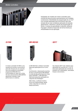 Variedades de modelos de motion controllers para 
controle de eixos de servo-acionamentos com modelos 
combinando a flexibilidade de programação de um CLP 
com funções dedicadas para sincronismo das mais 
simples até as mais complexas aplicações de elevado 
desempenho. Utilizando o pacote de programação iQ 
Works, o tempo de aprendizado é reduzido utilizando 
linguagem mecânica traduzindo de forma intuitiva as 
necessidades de sua aplicação. 
O motion controller Q170M é uma 
solução de controle e sincronismo 
para até 16 eixos em um conjunto 
que une funções do controlador 
programável MELSEC-Q e 
comunicação em rede com a linha 
de servo acionamentos MELSERVO, 
garantindo robustez e alta 
performance no sistema. 
O MR-MQ100 é o Motion Controller 
ideal para aplicações de um único 
eixo. 
Combinando o desempenho da linha 
de servo acionamentos MELSERVO 
na rede de alta performance em fibra 
óptica SSCNET, o MR-MQ100 é 
ideal para pequenas aplicações em 
máquinas de embalagem. 
Além disso, o software intuitivo 
torna sua implementação rápida 
e fácil, reduzindo os custos de 
desenvolvimento. 
Os módulos QD77 são voltados para 
aplicações de controle de 2, 4 ou 16 
eixos para aplicações de controle de 
posição com interpolação, velocidade, 
torque e sincronismo. 
6 
Motion controllers 
Q170M MR-MQ100 QD77 
 
