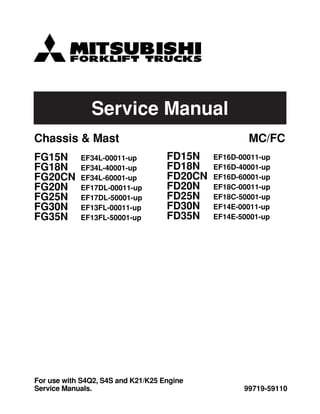 Service Manual
99719-59110
For use with S4Q2, S4S and K21/K25 Engine
Service Manuals.
FG15N EF34L-00011-up
FG18N EF34L-40001-up
FG20CN EF34L-60001-up
FG20N EF17DL-00011-up
FG25N EF17DL-50001-up
FG30N EF13FL-00011-up
FG35N EF13FL-50001-up
FD15N EF16D-00011-up
FD18N EF16D-40001-up
FD20CN EF16D-60001-up
FD20N EF18C-00011-up
FD25N EF18C-50001-up
FD30N EF14E-00011-up
FD35N EF14E-50001-up
Chassis & Mast MC/FC
 