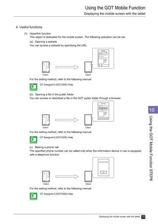 Using the GOT Mobile Function
Displaying the mobile screen with the tablet
Displaying the mobile screen with the tablet 23
1
2
3
4
5
6
7
8
9
10
UsingtheGOTMobileFunctionSTEP8
4. Useful functions
(1) Hyperlink function
This object is dedicated for the mobile screen. The following operation can be set.
(a) Opening a website
You can access a website by specifying the URL.
For the setting method, refer to the following manual.
GT Designer3 (GOT2000) Help
(b) Opening a file in the public folder
You can access or download a file in the GOT public folder through a browser.
For the setting method, refer to the following manual.
GT Designer3 (GOT2000) Help
(c) Making a phone call
The specified phone number can be called only when the information device in use is equipped
with a telephone function.
For the setting method, refer to the following manual.
GT Designer3 (GOT2000) Help
Client
Website
Client
ClientClient
PDF file
Client
XXX-XXX-XXXX
Call
Client
 