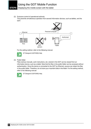 STEP8
Using the GOT Mobile Function
Displaying the mobile screen with the tablet
24 Displaying the mobile screen with the tablet
(2) Exclusive control of operational authority
This prevents simultaneous operation from several information devices, such as tablets, and the
GOT.
For the setting method, refer to the following manual.
GT Designer3 (GOT2000) Help
(3) Public folder
Files (various manuals, work instructions, etc.) stored in the GOT can be viewed from an
information device, such as a tablet. Note that the files in the public folder can be accessed without
authentication. Once the device is connected to the GOT by Ethernet, anyone can obtain the files
in the public folder. Therefore, do not store your important data in the folder. For the setting method,
refer to the following manual.
GT Designer3 (GOT2000) Help
Tablet
Ethernet
PLC
GOT
(server)
Personal computer
Authorized
 