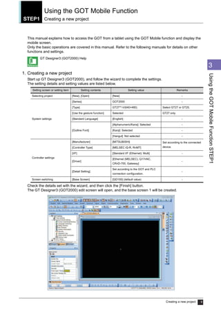 Creating a new project 9
3
UsingtheGOTMobileFunctionSTEP1
STEP1
Using the GOT Mobile Function
Creating a new project
Using the GOT Mobile Function
STEP1 Creating a new project
This manual explains how to access the GOT from a tablet using the GOT Mobile function and display the
mobile screen.
Only the basic operations are covered in this manual. Refer to the following manuals for details on other
functions and settings.
GT Designer3 (GOT2000) Help
1. Creating a new project
Start up GT Designer3 (GOT2000), and follow the wizard to complete the settings.
The setting details and setting values are listed below.
Check the details set with the wizard, and then click the [Finish] button.
The GT Designer3 (GOT2000) edit screen will open, and the base screen 1 will be created.
Setting screen or setting item Setting contents Setting value Remarks
Selecting project [New], [Open] [New] -
System settings
[Series] GOT2000 -
[Type] GT27**-V(640×480) Select GT27 or GT25.
[Use the gesture function] Selected GT27 only
[Standard Language] [English] -
[Outline Font]
[Alphanumeric/Kana]: Selected -
[Kanji]: Selected -
[Hangul]: Not selected -
Controller settings
[Manufacturer] [MITSUBISHI] Set according to the connected
device.[Controller Type] [MELSEC iQ-R, RnMT]
[I/F] [Standard I/F (Ethernet): Multi] -
[Driver]
[Ethernet (MELSEC), Q17nNC,
CRnD-700, Gateway]
-
[Detail Setting]
Set according to the GOT and PLC
connection configuration.
-
Screen switching [Base Screen] [GD100] (default value) -
 