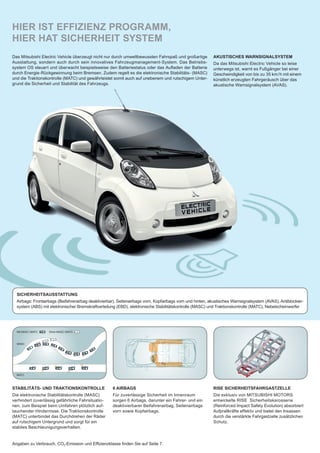 Mit MASC/MATC Ohne MASC/MATC
MASC
MATC
HIER IST EFFIZIENZ PROGRAMM,
HIER HAT SICHERHEIT SYSTEM
Das Mitsubishi Electric Vehicle überzeugt nicht nur durch umweltbewussten Fahrspaß und großartige
Ausstattung, sondern auch durch sein innovatives Fahrzeugmanagement-System. Das Betriebs-
system OS steuert und überwacht beispielsweise den Batteriestatus oder das Aufladen der Batterie
durch Energie-Rückgewinnung beim Bremsen. Zudem regelt es die elektronische Stabilitäts- (MASC)
und die Traktionskontrolle (MATC) und gewährleistet somit auch auf unebenem und rutschigem Unter-
grund die Sicherheit und Stabilität des Fahrzeugs.
AKUSTISCHES WARNSIGNALSYSTEM
Da das Mitsubishi Electric Vehicle so leise
unterwegs ist, warnt es Fußgänger bei einer
Geschwindigkeit von bis zu 35 km/h mit einem
künstlich erzeugten Fahrgeräusch über das
akustische Warnsignalsystem (AVAS).
SICHERHEITSAUSSTATTUNG
Airbags: Frontairbags (Beifahrerairbag deaktivierbar), Seitenairbags vorn, Kopfairbags vorn und hinten, akustisches Warnsignalsystem (AVAS), Antiblockier-
system (ABS) mit elektronischer Bremskraftverteilung (EBD), elektronische Stabilitätskontrolle (MASC) und Traktionskontrolle (MATC), Nebelscheinwerfer
RISE SICHERHEITSFAHRGASTZELLE
Die exklusiv von MITSUBISHI MOTORS
entwickelte RISE Sicherheitskarosserie
(Reinforced Impact Safety Evolution) absorbiert
Aufprallkräfte effektiv und bietet den Insassen
durch die verstärkte Fahrgastzelle zusätzlichen
Schutz.
STABILITÄTS- UND TRAKTIONSKONTROLLE
Die elektronische Stabilitätskontrolle (MASC)
verhindert zuverlässig gefährliche Fahrsituatio-
nen, zum Beispiel beim Umfahren plötzlich auf-
tauchender Hindernisse. Die Traktionskontrolle
(MATC) unterbindet das Durchdrehen der Räder
auf rutschigem Untergrund und sorgt für ein
stabiles Beschleunigungsverhalten.
6 AIRBAGS
Für zuverlässige Sicherheit im Innenraum
sorgen 6 Airbags, darunter ein Fahrer- und ein
deaktivierbarer Beifahrerairbag, Seitenairbags
vorn sowie Kopfairbags.
Angaben zu Verbrauch, CO2-Emission und Efﬁzienzklasse ﬁnden Sie auf Seite 7.
 