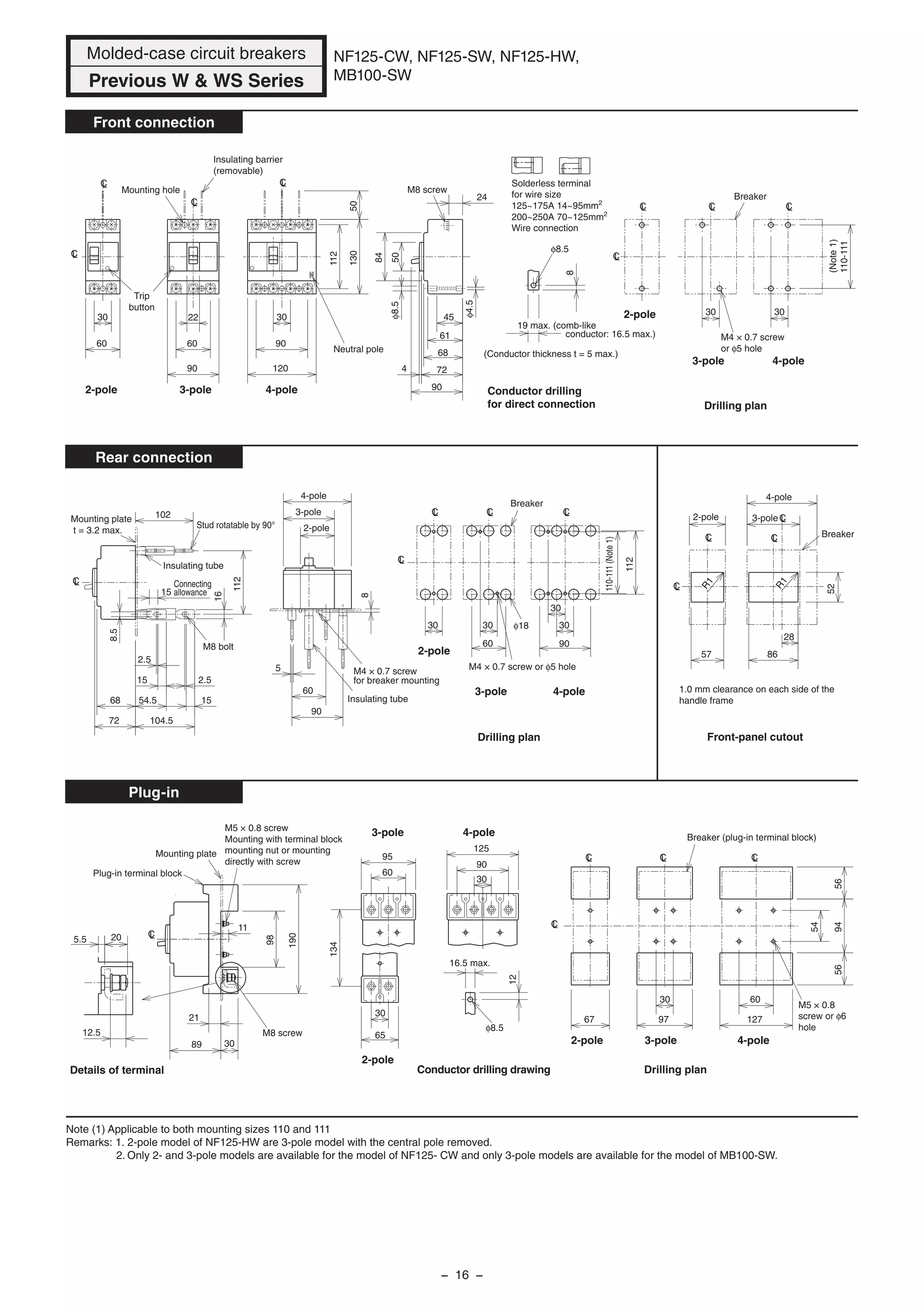 CL
LC
LC
CL
50Neutral pole
30
90
120
112
130
60
30
90
60
22
Trip
button
Insulating barrier
(removable)
Mounting hole
CLLCLC
LC
30
110-111
(Note1)
30
Breaker
Drilling plan
M4 × 0.7 screw
or φ5 hole
24
84
50
68
61
45
724
90
φ8.5
8
M8 screw
19 max. (comb-like
conductor: 16.5 max.)
Conductor drilling
for direct connection
(Conductor thickness t = 5 max.)
φ8.5
φ4.5
CL
102
15
72
68
8.5
2.5
15
54.5
104.5
15
2.5
16
112
Mounting plate
t = 3.2 max.
Stud rotatable by 90°
Insulating tube
Connecting
allowance
M8 bolt
90
8
60
5
Insulating tube
M4 × 0.7 screw
for breaker mounting
LCCL
CL
LC
30 110-111(Note1)
90
30
112
30
60
30
M4 × 0.7 screw or φ5 hole
Breaker
Drilling plan
φ18
LC
LCLC
LC
28
57 86
52
Breaker
R1
R1
CL
89
12.5
Plug-in terminal block
Mounting plate
98
190
11
21
30
5.5 20
Details of terminal
M8 screw
M5 × 0.8 screw
Mounting with terminal block
mounting nut or mounting
directly with screw
Drilling plan
CL
LC CL CL
Breaker (plug-in terminal block)
54
945656
127
6030
9767
M5 × 0.8
screw or φ6
hole
30
95
60
125
90
30
65
16.5 max.
12
φ8.5
Conductor drilling drawing
134
2-pole
3-pole 4-pole
Front-panel cutout
1.0 mm clearance on each side of the
handle frame
Molded-case circuit breakers
Previous W & WS Series
NF125-CW, NF125-SW, NF125-HW,
MB100-SW
Front connection
Rear connection
Plug-in
Note (1) Applicable to both mounting sizes 110 and 111
Remarks: 1. 2-pole model of NF125-HW are 3-pole model with the central pole removed.
2. Only 2- and 3-pole models are available for the model of NF125- CW and only 3-pole models are available for the model of MB100-SW.
2-pole 3-pole 4-pole
2-pole
3-pole 4-pole
2-pole
2-pole
3-pole 4-pole
3-pole 4-pole
2-pole
3-pole
4-pole
2-pole 3-pole
4-pole
Solderless terminal
for wire size
125~175A 14~95mm2
200~250A 70~125mm2
Wire connection
− 16 −
 