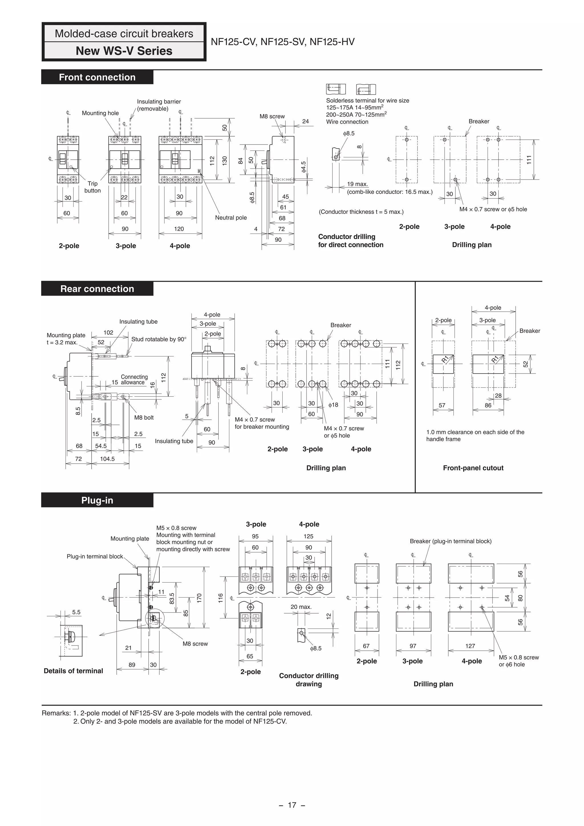 Drilling plan
111
111
8
φ8.5
φ8.5
φ18
φ4.5
R1
R1
30
50
90
30
90
120
28
90
30
112
30
112
130
102
52
15
72
68
8.5
2.5
15
54.5
104.5
15
2.5
16
112
60
5
30 57 86
52
60
30
60
30
90
60
22
24
84
50
68
61
45
724
90
8
30
5.5
83.5
85
170
12
3089
21
11
54
805656
67 97 127
60
95
30
65
116
30
90
125
Mounting hole
Insulating barrier
(removable)
Trip
button
Neutral pole
M8 screw
Conductor drilling
for direct connection
(Conductor thickness t = 5 max.)
Drilling plan
M4 × 0.7 screw or φ5 hole
19 max.
(comb-like conductor: 16.5 max.)
Breaker
Breaker
Breaker
Front-panel cutout
M4 × 0.7 screw
or φ5 hole
Drilling plan
M4 × 0.7 screw
for breaker mounting
Insulating tube
Mounting plate
t = 3.2 max.
Insulating tube
Stud rotatable by 90°
Connecting
allowance
M8 bolt
Breaker (plug-in terminal block)
M5 × 0.8 screw
or φ6 hole
φ8.5
Conductor drilling
drawing
20 max.
Details of terminal
Plug-in terminal block
Mounting plate
M5 × 0.8 screw
Mounting with terminal
block mounting nut or
mounting directly with screw
M8 screw
1.0 mm clearance on each side of the
handle frame
2-pole
2-pole
3-pole
3-pole
4-pole
4-pole
2-pole
3-pole
4-pole
2-pole 3-pole
4-pole
Molded-case circuit breakers
New WS-V Series
NF125-CV, NF125-SV, NF125-HV
Front connection
Rear connection
Plug-in
2-pole 3-pole 4-pole
2-pole 3-pole 4-pole
2-pole 3-pole 4-pole
Remarks: 1. 2-pole model of NF125-SV are 3-pole models with the central pole removed.
2. Only 2- and 3-pole models are available for the model of NF125-CV.
Solderless terminal for wire size
125~175A 14~95mm2
200~250A 70~125mm2
Wire connection
− 17 −
 