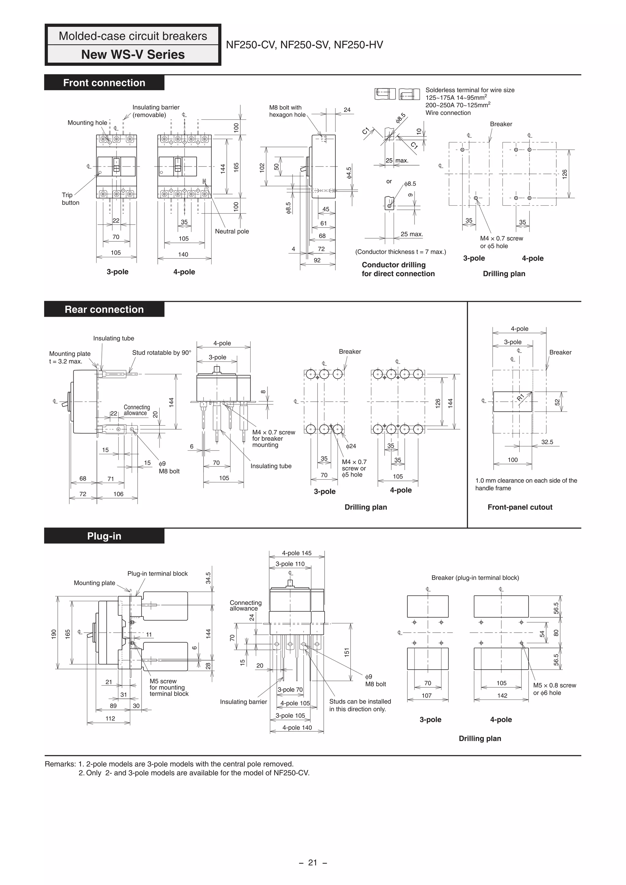 105
102
50
61
68
45
724
92
24
70
22
25 max.
9
35
φ4.5
φ8.5
35
126
140
105
35
100100165
144
Neutral pole
Breaker
M4 × 0.7 screw
or φ5 hole
Drilling plan
Mounting hole
Insulating barrier
(removable)
Trip
button
M8 bolt with
hexagon hole
φ8.5
Conductor drilling
for direct connection
(Conductor thickness t = 7 max.)
15
15
22
20
144
70
35
φ24
68
72
71
106
8
6
105
70
105
35
126
144
Drilling plan
M4 × 0.7
screw or
φ5 hole
Breaker
M4 × 0.7 screw
for breaker
mounting
Insulating tubeφ9
M8 bolt
Connecting
allowance
Insulating tube
Stud rotatable by 90°Mounting plate
t = 3.2 max.
32.5
52
100
Breaker
1.0 mm clearance on each side of the
handle frame
Front-panel cutout
R
1
89
112
190
165
21
30
31
14434.528
20
3-pole 70
4-pole 105
3-pole 105
4-pole 140
151
6
11
70
107
70
15
24
56.556.580
54
142
105
Studs can be installed
in this direction only.
Insulating barrier
Mounting plate
Plug-in terminal block
Connecting
allowance
φ9
M8 bolt
Drilling plan
Breaker (plug-in terminal block)
4-pole 145
3-pole 110
35
M5 × 0.8 screw
or φ6 hole
M5 screw
for mounting
terminal block
or
C
1
C
1
10
25 max.
φ8.5
Solderless terminal for wire size
125~175A 14~95mm2
200~250A 70~125mm2
Wire connection
Molded-case circuit breakers
New WS-V Series
NF250-CV, NF250-SV, NF250-HV
Front connection
Rear connection
Plug-in
3-pole
4-pole
3-pole 4-pole
3-pole 4-pole
3-pole 4-pole
3-pole
4-pole
3-pole 4-pole
Remarks: 1. 2-pole models are 3-pole models with the central pole removed.
2. Only 2- and 3-pole models are available for the model of NF250-CV.
− 21 −
 