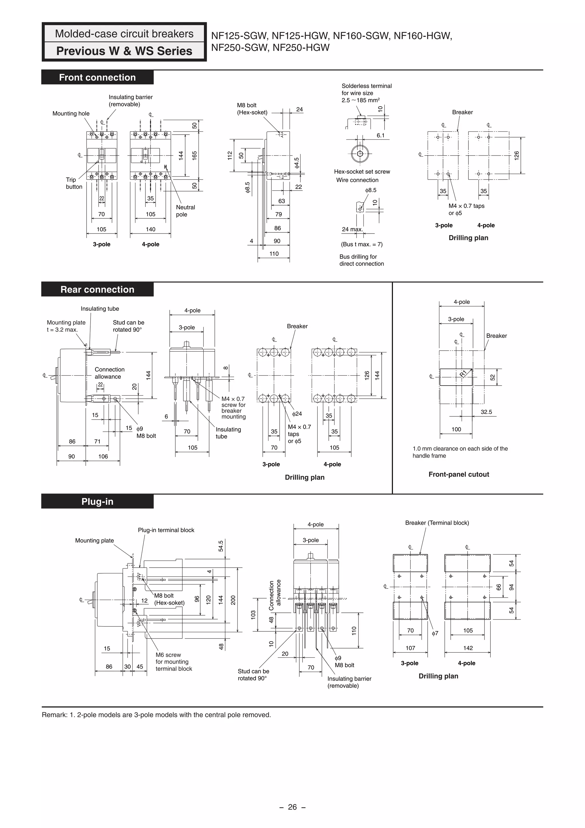NF125-SGW, NF125-HGW, NF160-SGW, NF160-HGW,
NF250-SGW, NF250-HGW
Remark: 1. 2-pole models are 3-pole models with the central pole removed.
Mounting plate
4530
Stud can be
rotated 90°
545494
66
4-pole
3-pole
110
1048
103
M8 bolt
(Hex-soket)12
96
4
4854.5144
120
15
200
4-pole3-pole
φ9
M8 bolt
105
142
Drilling plan
Connection
allowance
Insulating barrier
(removable)
M6 screw
for mounting
terminal block
Breaker (Terminal block)
φ7
Plug-in terminal block
107
70
70
20
86
3-pole
4-pole
100
52
32.5
Breaker
Front-panel cutout
R
1
35
90
86
Breaker
4-pole3-pole
144
126
35
105
35
70
105
6
8
3-pole
4-pole
Insulating
tube
M4 × 0.7
taps
or φ5
Drilling plan
106
71
φ24
M4 × 0.7
screw for
breaker
mounting
φ9
M8 bolt
Connection
allowance
Insulating tube
Stud can be
rotated 90°
Mounting plate
t = 3.2 max.
70
144
20
22
15
15
Hex-socket set screw
Wire connection
Solderless terminal
for wire size
2.5 185 mm2
10
6.1
22
35
24 max.
110
90
86
79
63
112
4-pole3-pole
Neutral
pole
4-pole3-pole
144
1655050
35
105
140
126
35
φ8.5
φ4.5
M4 × 0.7 taps
or φ5
Drilling plan
Breaker
M8 bolt
(Hex-soket)
(Bus t max. = 7)
Bus drilling for
direct connection
Trip
button
Mounting hole
Insulating barrier
(removable)
φ8.5
10
22
70
24
450
105
Front connection
Rear connection
Plug-in
Molded-case circuit breakers
Previous W & WS Series
1.0 mm clearance on each side of the
handle frame
− 26 −
 