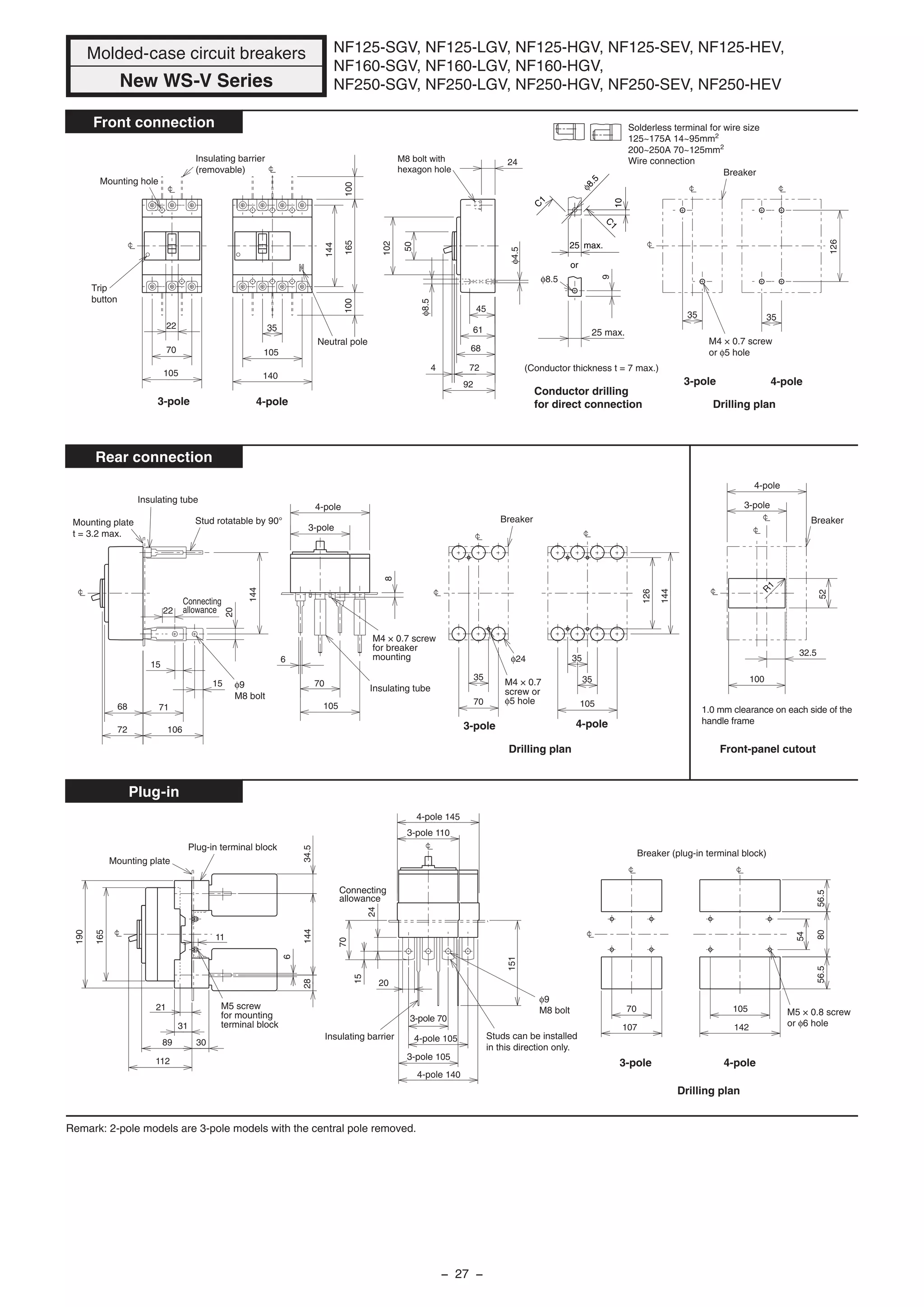 NF125-SGV, NF125-LGV, NF125-HGV, NF125-SEV, NF125-HEV,
NF160-SGV, NF160-LGV, NF160-HGV,
NF250-SGV, NF250-LGV, NF250-HGV, NF250-SEV, NF250-HEV
105
102
50
61
68
45
724
92
24
70
22
25 max.
9
35
φ4.5
φ8.5
35
126
140
105
35
100100165
144
Neutral pole
Breaker
M4 × 0.7 screw
or φ5 hole
Drilling plan
Mounting hole
Insulating barrier
(removable)
Trip
button
M8 bolt with
hexagon hole
φ8.5
Conductor drilling
for direct connection
(Conductor thickness t = 7 max.)
15
15
22
20
144
70
35
φ24
68
72
71
106
8
6
105
70
105
35
126
144
Drilling plan
M4 × 0.7
screw or
φ5 hole
Breaker
M4 × 0.7 screw
for breaker
mounting
Insulating tubeφ9
M8 bolt
Connecting
allowance
Insulating tube
Stud rotatable by 90°Mounting plate
t = 3.2 max.
32.5
52
100
Breaker
1.0 mm clearance on each side of the
handle frame
Front-panel cutout
R
1
89
112
190
165
21
30
31
14434.528
20
3-pole 70
4-pole 105
3-pole 105
4-pole 140
151
6
11
70
107
70
15
24
56.556.580
54
142
105
Studs can be installed
in this direction only.
Insulating barrier
Mounting plate
Plug-in terminal block
Connecting
allowance
φ9
M8 bolt
Drilling plan
Breaker (plug-in terminal block)
4-pole 145
3-pole 110
35
M5 × 0.8 screw
or φ6 hole
M5 screw
for mounting
terminal block
Front connection
Rear connection
Plug-in
3-pole
4-pole
3-pole 4-pole
3-pole 4-pole
3-pole 4-pole
3-pole
4-pole
3-pole 4-pole
Molded-case circuit breakers
New WS-V Series
or
C
1
C
1
10
25 max.
φ8.5
Remark: 2-pole models are 3-pole models with the central pole removed.
Solderless terminal for wire size
125~175A 14~95mm2
200~250A 70~125mm2
Wire connection
− 27 −
 