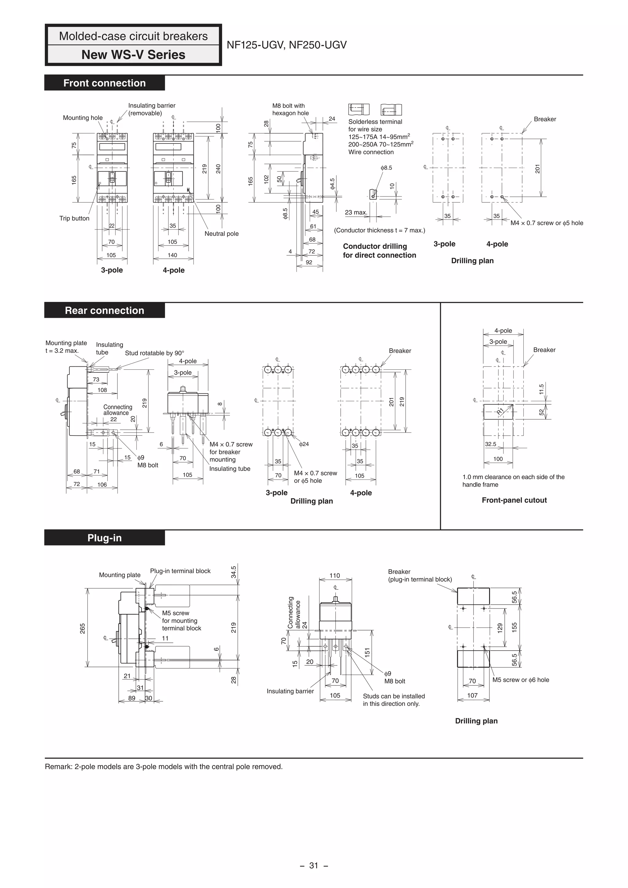 106
71
72
68
8
6
105
70
20
22
15
15
219
φ24 35
105
35
70
32.5
52
10035
219
201
11.5
35
201
35
92
4 72
68
61
45
φ4.5
50
102
24
100100240
219
140
105
35
105
70
22
75165
10
φ8.5
φ8.5
28
75165
73
108
Breaker
Drilling plan
M4 × 0.7 screw or φ5 hole
23 max.
Insulating barrier
(removable)
Mounting hole
Trip button
Conductor drilling
for direct connection
(Conductor thickness t = 7 max.)
M4 × 0.7 screw
or φ5 hole
Drilling plan
Breaker
3-pole
M4 × 0.7 screw
for breaker
mounting
Insulating tube
φ9
M8 bolt
Connecting
allowance
Insulating
tube Stud rotatable by 90°
Mounting plate
t = 3.2 max. Breaker
3-pole
4-pole
1.0 mm clearance on each side of the
handle frame
Front-panel cutout
R1
Breaker
(plug-in terminal block)
Mounting plate
Plug-in terminal block
Studs can be installed
in this direction only.
Insulating barrier
Connecting
allowance
15556.556.5
107
34.528219
6
21
89
11
30
31
20
70
151
70
24
15
110
105
129
70
φ9
M8 bolt M5 screw or φ6 hole
265
Drilling plan
Molded-case circuit breakers
New WS-V Series
NF125-UGV, NF250-UGV
Front connection
Rear connection
Plug-in
Neutral pole
3-pole 4-pole
3-pole 4-pole
3-pole 4-pole
M8 bolt with
hexagon hole
4-pole
M5 screw
for mounting
terminal block
Remark: 2-pole models are 3-pole models with the central pole removed.
Solderless terminal
for wire size
125~175A 14~95mm2
200~250A 70~125mm2
Wire connection
− 31 −
 