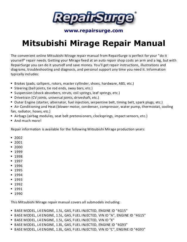 Mitsubishi Mirage Repair Manual 1990 2002