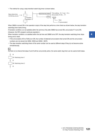 4 SFC PROGRAM CONFIGURATION
4.6 Step Transition Watchdog Timer 121
4
• The method for using a step transition watch dog timer is shown below.
When SM90 is turned ON in the operation output of the step that performs a time check as shown below, the step transition
watchdog timer starts timing.
If transition condition a is not satisfied within the set time (10s) after SM90 has turned ON, annunciator F1 turns ON.
(However, the SFC program continues operation.)
When transition condition a is satisfied within the set time and SM90 turns OFF, the step transition watchdog timer stops
timing and is reset.
• If the annunciators (F0 to F255) turn ON, the number of detected annunciators that turned ON and the annunciator
numbers are not stored into SD62, SD63 and SD64 - SD79.
• The step transition watchdog timers of the same number can be used at different steps if they do not become active
simultaneously.
Ex.
As there is no chance that steps 5 and 6 will be concurrently active, the same watch dog timer can be used at both steps.
 