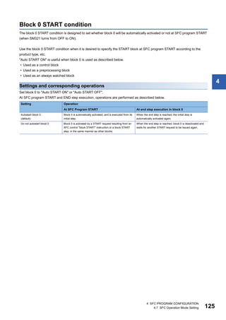 4 SFC PROGRAM CONFIGURATION
4.7 SFC Operation Mode Setting 125
4
Block 0 START condition
The block 0 START condition is designed to set whether block 0 will be automatically activated or not at SFC program START
(when SM321 turns from OFF to ON).
Use the block 0 START condition when it is desired to specify the START block at SFC program START according to the
product type, etc.
"Auto START ON" is useful when block 0 is used as described below.
• Used as a control block
• Used as a preprocessing block
• Used as an always watched block
Settings and corresponding operations
Set block 0 to "Auto START ON" or "Auto START OFF".
At SFC program START and END step execution, operations are performed as described below.
Setting Operation
At SFC Program START At end step execution in block 0
Autostart block 0
(default)
Block 0 is automatically activated, and is executed from its
initial step.
When the end step is reached, the initial step is
automatically activated again.
Do not autostart block 0 Block 0 is activated by a START request resulting from an
SFC control "block START" instruction or a block START
step, in the same manner as other blocks.
When the end step is reached, block 0 is deactivated and
waits for another START request to be issued again.
 