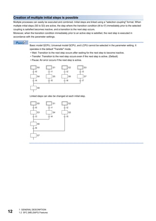 12
1 GENERAL DESCRIPTION
1.2 SFC (MELSAP3) Features
Creation of multiple initial steps is possible
Multiple processes can easily be executed and combined. Initial steps are linked using a "selection coupling" format. When
multiple initial steps (S0 to S3) are active, the step where the transition condition (t4 to t7) immediately prior to the selected
coupling is satisfied becomes inactive, and a transition to the next step occurs.
Moreover, when the transition condition immediately prior to an active step is satisfied, the next step is executed in
accordance with the parameter settings.
Basic model QCPU, Universal model QCPU, and LCPU cannot be selected in the parameter setting. It
operates in the default "Transfer" mode.
• Wait: Transition to the next step occurs after waiting for the next step to become inactive.
• Transfer: Transition to the next step occurs even if the next step is active. (Default)
• Pause: An error occurs if the next step is active.
Linked steps can also be changed at each initial step.
 