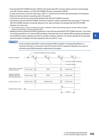 4 SFC PROGRAM CONFIGURATION
4.8 SFC Comment Readout Instruction 143
4
• Executing S(P).SFCTCOMR instruction, SM735 of the special relay (SFC comment readout instruction executing flag)
turns ON. Confirms whether or not S(P).SFCTCOMR instruction is executed by SM735.
• In case comments are not set into active steps, "2DH()" is stored to the comment area (word length of 32 characters).
• Read comments are stored in ascending order of the step No.
• Comments are read from the comment file specified when S(P).SFCTCOMR is executed.
• Comments to read with S(P).SFCTCOMR, comments of transition condition associated with active steps of *2
with when
S(P).SFCTCOMR instruction is executed. Because of this, step comments to be activated after S(P).SFCTCOMR
execution can not be read.
*2 As coil retention step at a status of retaining coil output or operation retention step retaining operation condition (without transition
check) is not active step, a comment cannot be read.
• Reading comment is performed at END processing for a scan that has executed S(P).SFCTCOMR instruction. The number
of comments specified at n3 is read per END processing. Comments that are not read per END processing are followed to
the next END processing. Reading comments for transition conditions (maximum: the number specified at n2) associated
with active steps is completed, the device specified at (d2) turns ON for 1 scan.
For the Universal model QCPU, when the standard ROM is selected in "Corresponding Memory" in
"Comment File Used in a Command" in the PLC File tab of the PLC parameter dialog box, the number of
comments read at END processing is determined by the system.
 