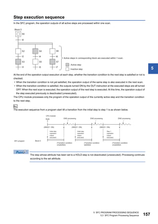 5 SFC PROGRAM PROCESSING SEQUENCE
5.3 SFC Program Processing Sequence 157
5
Step execution sequence
In the SFC program, the operation outputs of all active steps are processed within one scan.
At the end of the operation output execution at each step, whether the transition condition to the next step is satisfied or not is
checked.
• When the transition condition is not yet satisfied, the operation output of the same step is also executed in the next scan.
• When the transition condition is satisfied, the outputs turned ON by the OUT instruction at the executed steps are all turned
OFF. When the next scan is executed, the operation output of the next step is executed. At this time, the operation output of
the step executed previously is deactivated (unexecuted).
The CPU module processes only the program of the operation output of the currently active step and the transition condition
to the next step.
Ex.
The execution sequence from a program start till a transition from the initial step to step 1 is as shown below.
The step whose attribute has been set to a HOLD step is not deactivated (unexecuted). Processing continues
according to the set attribute.
(SM321: ON) (SM321: ON) (SM321: ON)
 
