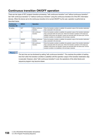 158
5 SFC PROGRAM PROCESSING SEQUENCE
5.3 SFC Program Processing Sequence
Continuous transition ON/OFF operation
There are two types of SFC program transition processing: "with continuous transition" and "without continuous transition".
Set "with continuous transition" or "without continuous transition" using the continuous transition bit of the SFC information
devices. When the device set to the continuous transition bit is turned ON/OFF by the user, operation is performed as
described below.
The tact time can be shortened by setting "with continuous transition". This resolves the problem of waiting
time from when the transition condition is satisfied until the operation output of the transition destination step
is executed. However, when "with continuous transition" is set, the operations of the other blocks and
sequence program may become slower.
Continuous
Transition Bit
SM323 Operation
No setting OFF Without continuous
transition
When the transition condition is satisfied, the operation output of the transition destination
step is executed in the next scan.
ON With continuous
transition
When the transition condition is satisfied, the operation output of the transition destination
step is executed within the same scan. When the transition conditions of the steps are
satisfied continuously, the operation outputs are executed within the same scan until the
transition condition is not satisfied or the end step is reached.
OFF ON/OFF Without continuous
transition
When the transition condition is satisfied, the operation output of the transition destination
step is executed in the next scan.
ON ON/OFF With continuous
transition
When the transition condition is satisfied, the operation output of the transition destination
step is executed within the same scan. When the transition conditions of the steps are
satisfied continuously, the operation outputs are executed within the same scan until the
transition condition is not satisfied or the end step is reached.
 