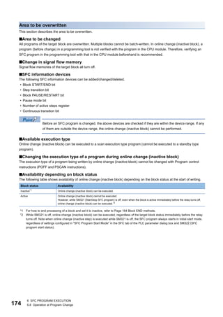 174
6 SFC PROGRAM EXECUTION
6.6 Operation at Program Change
Area to be overwritten
This section describes the area to be overwritten.
■Area to be changed
All programs of the target block are overwritten. Multiple blocks cannot be batch-written. In online change (inactive block), a
program (before change) in a programming tool is not verified with the program in the CPU module. Therefore, verifying an
SFC program in the programming tool with that in the CPU module beforehand is recommended.
■Change in signal flow memory
Signal flow memories of the target block all turn off.
■SFC information devices
The following SFC information devices can be added/changed/deleted.
• Block START/END bit
• Step transition bit
• Block PAUSE/RESTART bit
• Pause mode bit
• Number of active steps register
• Continuous transition bit
Before an SFC program is changed, the above devices are checked if they are within the device range. If any
of them are outside the device range, the online change (inactive block) cannot be performed.
■Available execution type
Online change (inactive block) can be executed to a scan execution type program (cannot be executed to a standby type
program).
■Changing the execution type of a program during online change (inactive block)
The execution type of a program being written by online change (inactive block) cannot be changed with Program control
instructions (POFF and PSCAN instructions).
■Availability depending on block status
The following table shows availability of online change (inactive block) depending on the block status at the start of writing.
*1 For how to end processing of a block and set it to inactive, refer to Page 164 Block END methods.
*2 While SM321 is off, online change (inactive block) can be executed, regardless of the target block status immediately before the relay
turns off. Note when online change (inactive step) is executed while SM321 is off, the SFC program always starts in initial start mode,
regardless of settings configured in "SFC Program Start Mode" in the SFC tab of the PLC parameter dialog box and SM322 (SFC
program start status).
Block status Availability
Inactive*1 Online change (inactive block) can be executed.
Active Online change (inactive block) cannot be executed.
However, while SM321 (Start/stop SFC program) is off, even when the block is active immediately before the relay turns off,
online change (inactive block) can be executed.*2
 