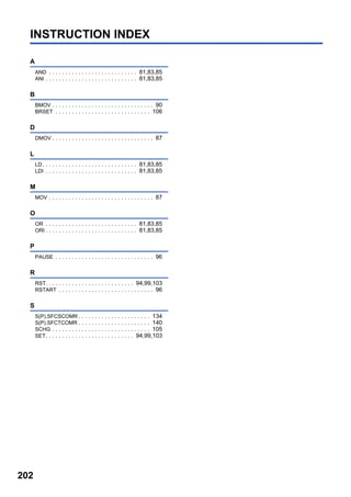 202
INSTRUCTION INDEX
A
AND . . . . . . . . . . . . . . . . . . . . . . . . . . . 81,83,85
ANI . . . . . . . . . . . . . . . . . . . . . . . . . . . . 81,83,85
B
BMOV . . . . . . . . . . . . . . . . . . . . . . . . . . . . . . . 90
BRSET . . . . . . . . . . . . . . . . . . . . . . . . . . . . . 106
D
DMOV . . . . . . . . . . . . . . . . . . . . . . . . . . . . . . . 87
L
LD. . . . . . . . . . . . . . . . . . . . . . . . . . . . . 81,83,85
LDI . . . . . . . . . . . . . . . . . . . . . . . . . . . . 81,83,85
M
MOV . . . . . . . . . . . . . . . . . . . . . . . . . . . . . . . . 87
O
OR . . . . . . . . . . . . . . . . . . . . . . . . . . . . 81,83,85
ORI . . . . . . . . . . . . . . . . . . . . . . . . . . . . 81,83,85
P
PAUSE . . . . . . . . . . . . . . . . . . . . . . . . . . . . . . 96
R
RST. . . . . . . . . . . . . . . . . . . . . . . . . . . 94,99,103
RSTART . . . . . . . . . . . . . . . . . . . . . . . . . . . . . 96
S
S(P).SFCSCOMR . . . . . . . . . . . . . . . . . . . . . . 134
S(P).SFCTCOMR . . . . . . . . . . . . . . . . . . . . . . 140
SCHG . . . . . . . . . . . . . . . . . . . . . . . . . . . . . . 105
SET. . . . . . . . . . . . . . . . . . . . . . . . . . . 94,99,103
 