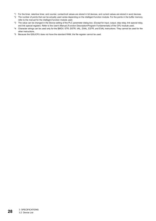 28
3 SPECIFICATIONS
3.2 Device List
*1 For the timer, retentive timer, and counter, contact/coil values are stored in bit devices, and current values are stored in word devices.
*2 The number of points that can be actually used varies depending on the intelligent function module. For the points in the buffer memory,
refer to the manual for the intelligent function module used.
*3 The value can be changed in the Device setting of the PLC parameter dialog box. (Except for input, output, step relay, link special relay,
and link special register) Refer to the User's Manual (Function Description/Program Fundamentals) of the CPU module used.
*4 Character strings can be used only for the $MOV, STR, DSTR, VAL, DVAL, ESTR, and EVAL instructions. They cannot be used for the
other instructions.
*5 Because the Q00JCPU does not have the standard RAM, the file register cannot be used.
 