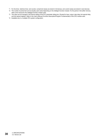30
3 SPECIFICATIONS
3.2 Device List
*1 For the timer, retentive timer, and counter, contact/coil values are stored in bit devices, and current values are stored in word devices.
*2 The number of points that can be actually used varies depending on the intelligent function module. For the points in the buffer memory,
refer to the manual for the intelligent function module used.
*3 The value can be changed in the Device setting of the PLC parameter dialog box. (Except for input, output, step relay, link special relay,
and link special register) Refer to the User's Manual (Function Description/Program Fundamentals) of the CPU module used.
*4 Available only in a multiple CPU system configuration.
 