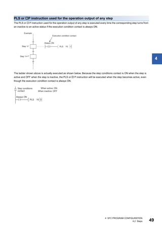 4 SFC PROGRAM CONFIGURATION
4.2 Steps 49
4
PLS or P instruction used for the operation output of any step
The PLS or  P instruction used for the operation output of any step is executed every time the corresponding step turns from
an inactive to an active status if the execution condition contact is always ON.
The ladder shown above is actually executed as shown below. Because the step conditions contact is ON when the step is
active and OFF when the step is inactive, the PLS or  P instruction will be executed when the step becomes active, even
though the execution condition contact is always ON.
 
