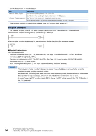 84
4 SFC PROGRAM CONFIGURATION
4.4 Controlling SFC Programs by Instructions (SFC Control Instructions)
• Specify the transition as described below.
• If the transition condition in question does not exist in the SFC program, it will remain OFF.
Program Examples
• The following program turns ON Y20 when transition condition 5 of block 3 is specified for a forced transition.
When transition condition is designated by operation output of block 3
When transition condition is designated by operation output of other than block 3 or sequence program
■Related Instructions
SFC control instructions
• Transition control instructions (SET TRn, SET BLmTRn): See Page 103 Forced transition EXECUTE & CANCEL
instructions (SET, RST) [TRn/BLmTRn].
• Transition control instructions (RST TRn, RST BLmTRn): See Page 103 Forced transition EXECUTE & CANCEL
instructions (SET, RST) [TRn/BLmTRn].
• Block switching instruction (BRSET): See Page 106 Block switching instruction (BRSET).
This instruction checks, from the first sequence step of the specified block in series, whether or not the
specified transition condition number is existed.
Because of this, processing time of the instruction differs depending on the program capacity of the specified
block (number of sequence steps), a maximum of hundred and several tens ms may be taken.
In case of occurring WDT error (error code: 5001), change the WDT setting value with the PLC RAS setting in
the PLC parameter.
Item Description
In the case of SFC program Use "Sn" when specifying the step in the current block.
Use "BLmSn" when specifying the step in another block in the SFC program.
In the case of sequence program Use "BLmSn" when executing the step activation check instruction.
When the block number is not specified, specify the block number with the BRSET instruction.
 