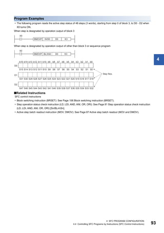 4 SFC PROGRAM CONFIGURATION
4.4 Controlling SFC Programs by Instructions (SFC Control Instructions) 93
4
Program Examples
• The following program reads the active step status of 48 steps (3 words), starting from step 0 of block 3, to D0 - D2 when
X0 turns ON.
When step is designated by operation output of block 3
When step is designated by operation output of other than block 3 or sequence program
■Related Instructions
SFC control instructions
• Block switching instruction (BRSET): See Page 106 Block switching instruction (BRSET).
• Step operation status check instruction (LD, LDI, AND, ANI, OR, ORI): See Page 81 Step operation status check instruction
(LD, LDI, AND, ANI, OR, ORI) [Sn/BLmSn].
• Active step batch readout instruction (MOV, DMOV): See Page 87 Active step batch readout (MOV and DMOV).
 