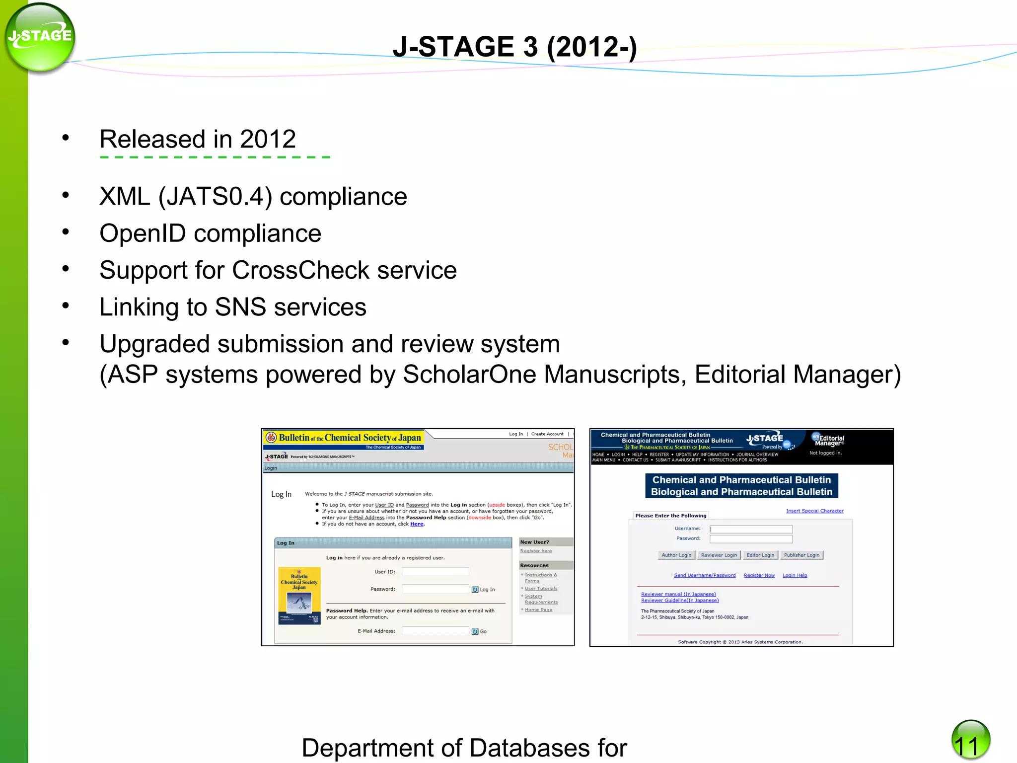 J-STAGE 3 (2012-)
•

Released in 2012

•
•
•
•
•

XML (JATS0.4) compliance
OpenID compliance
Support for CrossCheck service
Linking to SNS services
Upgraded submission and review system
(ASP systems powered by ScholarOne Manuscripts, Editorial Manager)

Department of Databases for

11

 