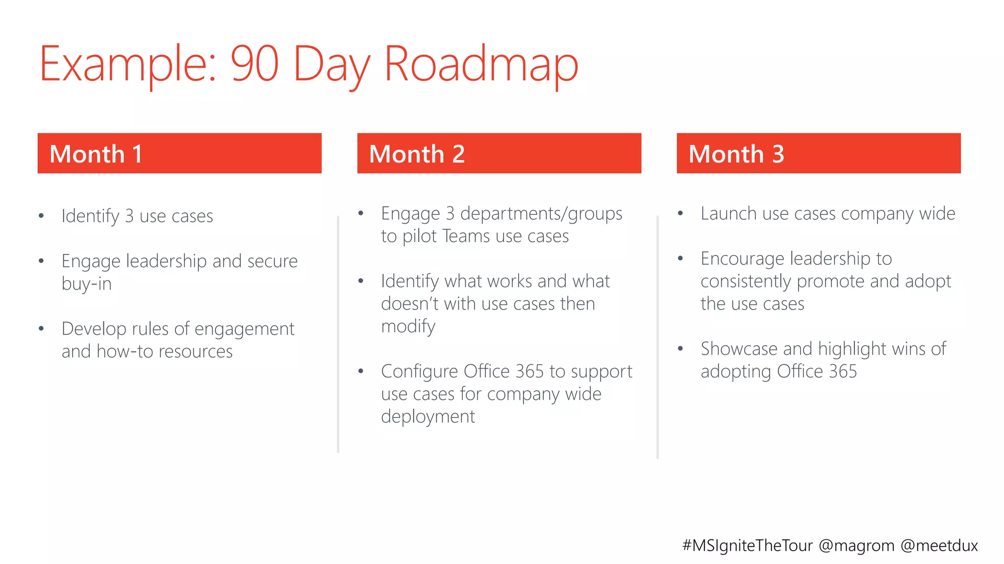 Example: 90 Day Roadmap
Month 2Month 1 Month 3
• Identify 3 use cases
• Engage leadership and secure
buy-in
• Develop rules of engagement
and how-to resources
• Engage 3 departments/groups
to pilot Teams use cases
• Identify what works and what
doesn’t with use cases then
modify
• Configure Office 365 to support
use cases for company wide
deployment
• Launch use cases company wide
• Encourage leadership to
consistently promote and adopt
the use cases
• Showcase and highlight wins of
adopting Office 365
 