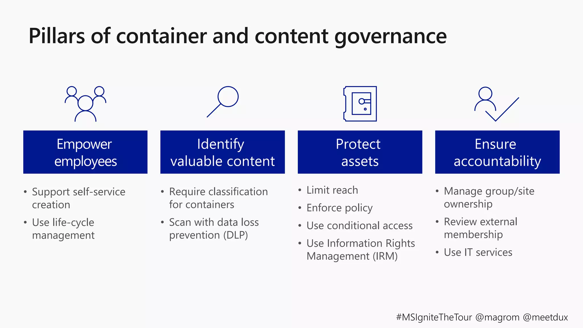 • Support self-service
creation
• Use life-cycle
management
• Require classification
for containers
• Scan with data loss
prevention (DLP)
• Limit reach
• Enforce policy
• Use conditional access
• Use Information Rights
Management (IRM)
• Manage group/site
ownership
• Review external
membership
• Use IT services
 