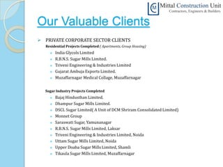 Our Valuable Clients
 PRIVATE CORPORATE SECTOR CLIENTS
   Residential Projects Completed ( Apartments, Group Housing)
        India Glycols Limited
        R.B.N.S. Sugar Mills Limited.
        Triveni Engineering & Industries Limited
        Gujarat Ambuja Exports Limited.
        Muzaffarnagar Medical Collage, Muzaffarnagar


  Sugar Industry Projects Completed
        Bajaj Hindusthan Limited.
        Dhampur Sugar Mills Limited.
        DSCL Sugar Limited( A Unit of DCM Shriram Consolidated Limited)
        Monnet Group
        Saraswati Sugar, Yamunanagar
        R.B.N.S. Sugar Mills Limited, Laksar
        Triveni Engineering & Industries Limited, Noida
        Uttam Sugar Mills Limited, Noida
        Upper Doaba Sugar Mills Limited, Shamli
        Tikaula Sugar Mills Limited, Muzaffarnagar
 