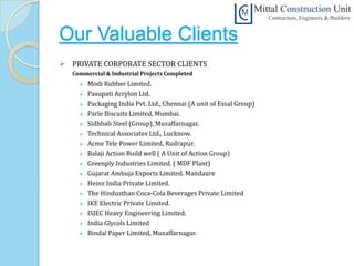 Our Valuable Clients
 PRIVATE CORPORATE SECTOR CLIENTS
   Commercial & Industrial Projects Completed
        Modi Rubber Limited.
        Pasupati Acrylon Ltd.
        Packaging India Pvt. Ltd., Chennai (A unit of Essal Group)
        Parle Biscuits Limited, Mumbai.
        Sidhbali Steel (Group), Muzaffarnagar.
        Technical Associates Ltd., Lucknow.
        Acme Tele Power Limited, Rudrapur.
        Balaji Action Build well ( A Unit of Action Group)
        Greenply Industries Limited. ( MDF Plant)
        Gujarat Ambuja Exports Limited. Mandaure
        Heinz India Private Limited.
        The Hindusthan Coca-Cola Beverages Private Limited
        IKE Electric Private Limited.
        ISJEC Heavy Engineering Limited.
        India Glycols Limited
        Bindal Paper Limited, Muzaffarnagar.
 