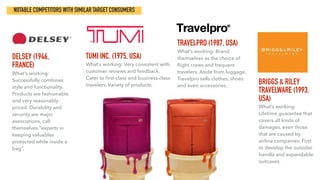 NOTABLE COMPETITORS WITH SIMILAR TARGET CONSUMERS
TUMI INC. (1975, USA)
What’s working: Very consistent with
customer reviews and feedback.
Cater to ﬁrst-class and business-class
travelers. Variety of products.
TRAVELPRO (1987, USA)
What’s working: Brand
themselves as the choice of
ﬂight crews and frequent
travelers. Aside from luggage,
Travelpro sells clothes, shoes
and even accessories.
DELSEY (1946,
FRANCE)
What’s working:
Successfully combines
style and functionality.
Products are fashionable
and very reasonably
priced. Durability and
security are major
associations, call
themselves “experts in
keeping valuables
protected while inside a
bag”.
BRIGGS & RILEY
TRAVELWARE (1993,
USA)
What’s working:
Lifetime guarantee that
covers all kinds of
damages, even those
that are caused by
airline companies. First
to develop the outsider
handle and expandable
suitcases.
 