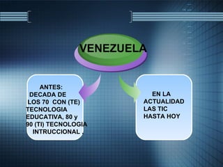 ANTES: DECADA DE  LOS 70  CON (TE)  TECNOLOGIA  EDUCATIVA, 80 y 90 (TI) TECNOLOGIA  INTRUCCIONAL . VENEZUELA EN LA ACTUALIDAD LAS TIC HASTA HOY 