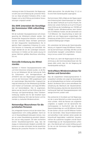 menhang mit dem EU-Steuerstreit). Der Regierungs-        telfeld abzurutschen. Der aktuelle Rang 13 (–2) ist
rat sieht zwar eine Entlastung der juristischen Perso-   für eine hohe Standortqualität ungenügend.
nen vor. Diese soll jedoch frühestens 2016, in zwei
Etappen und nur bei Erfüllung verschiedener Voraus-      Die Kommission VWA schlägt wie der Regierungsrat
setzungen umgesetzt werden.                              eine Entlastung beim Gewinnsteuertarif vor: Reduk-
                                                         tion der oberen Tarifstufe von 9 auf 8,5 Prozent, Re-
                                                         duktion der unteren Tarifstufe von 6 auf 5,5 Prozent
Die AIHK ünterstützt die Vorschläge
                                                         sowie Erhöhung des Sockelbetrags von 150’000 auf
der Kommission VWA vollumfäng-
                                                         250’000 Franken (Mindereinnahmen beim Kanton
lich
                                                         von 27,0 Millionen Franken, bei den Gemeinden von
Mit der laufenden Steuergesetzrevision soll schwer-      11,8 Millionen). Der Gesamtumfang ist damit der
gewichtig der Mittelstand entlastet werden. Der          gleiche wie vom Regierungsrat vorgeschlagen. Die
Vorstand der Aargauischen Industrie- und Handels-        Umsetzung soll aber 2016 in einem Schritt und ohne
kammer unterstützt dieses Vorhaben gemeinsam             zusätzliche Bedingungen erfolgen.
mit dem Aargauischen Gewerbeverband. Die im
gleichen Paket vorgesehene Entlastung für juristi-       Wir unterstützen die Senkung der Gewinnsteuerbe-
sche Personen ist notwendig und verkraftbar. Wir         lastung um insgesamt knapp 40 Millionen Franken,
tragen deshalb die von der zuständigen Grossrats-        wie das die Kommission vorschlägt. Mit Blick auf die
kommission im Hinblick auf die zweite Lesung mit         Unsicherheiten bezüglich wirtschaftlicher Entwick-
grosser Mehrheit gefällten Beschlüsse vollumfäng-        lung ist sie aus unserer Sicht angemessen.
lich mit.
                                                         Wir freuen uns, wenn der Regierungsrat mit der Zu-
                                                         stimmung zu den Kommissionsbeschlüssen den Tat-
Sinnvolle Entlastung des Mittel-
                                                         beweis dafür antritt, dass ihm die Steigerung der
standes
                                                         Standortqualität wichtig ist.
Nachdem in früheren Steuergesetzrevisionen tiefe
und hohe Einkommen entlastet wurden, ist die Rei-
                                                         Verkraftbare Mindereinnahmen für
he nun am Mittelstand. Mit der Senkung der Tarife
                                                         Kanton und Gemeinden
für Einkommens- und Vermögenssteuern ab
2014/2015 (wie vom Regierungsrat vorgeschlagen           Dass die vorgesehenen Entlastungsmassnahmen fi-
und von der Kommission VWA gutgeheissen) wird            nanzpolitisch vertretbar sind, zeigen die Steuereingän-
ein zweckmässiger Weg beschritten. Insgesamt be-         ge und Jahresabschlüsse von Kanton und Gemeinden
trägt die Entlastung für den Mittelstand gut 90 Milli-   deutlich. Die Revision führt zu einer verkraftbaren Ab-
onen Franken auf kantonaler und knapp 90 Millio-         schwächung des Wachstums der Steuereinnahmen.
nen auf Gemeindeebene. Dies ist angemessen,              Die Erfahrung zeigt ja, dass bei einer dynamischen Be-
ebenso wie der Verzicht auf die Erhöhung des Versi-      trachtung der Staat nach Steuergesetzrevisionen nicht
cherungs- und Sparzinsenabzugs. Diese «Giesskan-         weniger einnimmt, sondern mehr.
nenlösung» brächte eine für den Einzelnen kaum
spürbare Entlastung, führt aber bei Kanton und Ge-       Dies anerkannte im Grundsatz auch der Regierungs-
meinden zu markanten Mindereinnahmen.                    rat, der in seiner Botschaft zur ersten Lesung der Re-
                                                         vision schreibt: «Wird die Revision wie vorgesehen
                                                         umgesetzt, so ergeben sich bei dynamischer Be-
Notwendige Massnahmen für die
                                                         trachtungsweise im Durchschnitt über die Jahre
juristischen Personen
                                                         Steuermindererträge von rund 90 Millionen Franken
Die umliegenden Kantone sind seit der letzten Steu-      für den Kanton und von rund 85 Millionen Franken
ergesetzrevision nicht untätig geblieben. Damit wir      für die Gemeinden. Diese Steuermindereinnahmen
uns im Steuerwettbewerb behaupten können, müs-           sind verkraftbar. In den nächsten Jahren werden die
sen wir unsere Steuerbelastung periodisch überprü-       konjunkturell begründeten zusätzlichen Steuerein-
fen und wo nötig anpassen. Der eben erschienene          nahmen die zusätzlichen Ausgaben und die Steuer-
Zürcher Steuerbelastungsmonitor zeigt, dass der          mindererträge aus der Steuergesetzrevision auffan-
Aargau im interkantonalen Vergleich zurückfällt. Wir     gen.» Das Gleiche gilt nach unserer Auffassung auch
können es uns aber nicht leisten, bei der steuerlichen   für das von der Kommission VWA vorgeschlagene
Belastung der juristischen Personen ins hintere Mit-     Gesamtpaket.

                                                                                                          31
 