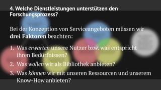 4. Welche Dienstleistungen unterstützen den
Forschungsprozess?
Bei der Konzeption von Serviceangeboten müssen wir
drei Faktoren beachten:
1. Was erwarten unsere Nutzer bzw. was entspricht
ihren Bedürfnissen?
2. Was wollen wir als Bibliothek anbieten?
3. Was können wir mit unseren Ressourcen und unserem
Know-How anbieten?
 