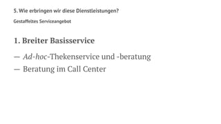 5. Wie erbringen wir diese Dienstleistungen?
Gestaffeltes Serviceangebot
1. Breiter Basisservice
— Ad-hoc-Thekenservice und -beratung
— Beratung im Call Center
 