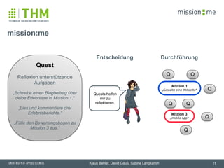 memission
Klaus Behler, David Gauß, Sabine Langkamm
Quests helfen
mir zu
reflektieren.
!
Quest
!
Reflexion unterstützende
Aufgaben
!
„Schreibe einen Blogbeitrag über
deine Erlebnisse in Mission 1.“
!
„Lies und kommentiere drei
Erlebnisberichte.“
!
„Fülle den Bewertungsbogen zu
Mission 3 aus.“
mission:me
11
Q
Q
Q
Q
Q
Q
Q
Mission 3
„mobile App“
Mission 1
„Gestalte eine Webseite“
DurchführungEntscheidung
 