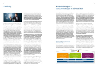 4 5
Einleitung
Zwei Handlungsfelder stehen besonders im Fokus des
Bundesministeriums für Wirtschaft und Technologie
(BMWi): die Förderung des Mittelstands als Rückgrat
unserer Wirtschaft und die umfassende Digitalisierung
der Industrie- und Geschäftswelt als wichtiger Impuls
für Innovationen und Wachstum. Der Förderschwer-
punkt Mittelstand-Digital verknüpft diese beiden
Handlungsfelder mit dem Ziel, die Innovationsfähig-
keit insbesondere kleiner und mittlerer Unternehmen
(KMU) zu stärken, technisch exzellente, wirtschaftliche
und gut nachahmbare Lösungen im Bereich neuer
Informations- und Kommunikationstechnologien (IKT)
zu entwickeln, benutzerfreundliche Softwareprodukte
für KMU und Handwerk zu etablieren und deren IKT-
Kompetenz zu stärken. Durch das Internet und standar-
disierte eBusiness-Prozesse erhalten Unternehmen
enorme Möglichkeiten, ihre Marktposition zu verbes-
sern und neue Geschäftsmodelle zu etablieren.
Der Mittelstand bildet das stabile Fundament der deut-
schen Wirtschaft und seine Struktur gilt international
als Vorbild. 99 Prozent der rund 3,7 Mio. Unternehmen
in Deutschland gehören zum Mittelstand, sie beschäf-
tigen 60 Prozent der Arbeitnehmer und tragen gut zur
Hälfte zur Wertschöpfung bei. Deutsche KMU zählen
zu den innovativsten in Europa: 54 Prozent der mittel-
ständischen Unternehmen konnten zwischen 2008 und
2010 Produkt- oder Prozessinnovationen vorweisen,
während es im EU-Durchschnitt 34 Prozent waren.
Dabei sind der Maschinenbau und die Softwareindust-
rie bei Forschung und Entwicklung führend: Fast jedes
sechste dieser Unternehmen betreibt kontinuierlich
Forschung und Entwicklung.
Die digitale Wirtschaft und die Internetunterneh-
men tragen in beachtlichem Umfang zum Erfolg des
Wirtschaftsstandorts Deutschland bei, wie der Moni-
toring-Report Digitale Wirtschaft 2012 zeigt. Mit über
80.000 Unternehmen und 850.000 Beschäftigten stellt
die IKT-Branche inzwischen einen der bedeutendsten
Zweige der deutschen Wirtschaft dar. Weitere 650.000
IKT-Fachleute sind in den Anwenderbranchen tätig. Die
digitale Wirtschaft hat in 2012 mit knapp 4,5 Prozent
mehr zur gewerblichen Wertschöpfung beigetragen als
die Automobil- und die Maschinenbaubranche.
Im internationalen Vergleich liegt die deutsche digitale
Wirtschaft laut Monitoring-Report weltweit auf dem
sechsten Rang. Während Deutschland beim Anteil der
IKT-Gründungen an allen Gründungen im Vergleich
von 15 Industriestaaten Rang 4 und bei der Übernah-
me von neuen Technologien in Unternehmen Rang 5
belegt, reichte es mit Blick auf die Internetnutzung in
Unternehmen im Jahr 2011 lediglich für den neunten
Rang. Es verwundert daher nicht, dass jedes fünfte Un-
ternehmen noch keine eigene Internetpräsenz besitzt.
Dies betrifft besonders kleine und Kleinstunternehmen.
Um die Wettbewerbsposition der deutschen Wirtschaft
weiter zu verbessern, hat das BMWi beim 7. Nationalen
IT-Gipfel das Aktionsprogramm „Digitale Wirtschaft“
ins Leben gerufen. Die im Programm vorgesehenen
Maßnahmen zielen insbesondere auf die Wachstums-
felder „intelligente Netze“, „junge Unternehmen und
Start-ups“ sowie die „Digitalisierung der Industrie“. Der
Förderschwerpunkt „Mittelstand-Digital – IKT-Anwen-
dungen in der Wirtschaft“ ist ein wesentlicher Baustein
des Aktionsfeldes „IKT-Innovationen für den Mittel-
stand“, mit dessen Hilfe das BMWi mittelständische
Unternehmen beim kreativen Einsatz von modernen
IKT unterstützt. Mittelstand-Digital mit den drei För-
derinitiativen „eKompetenz-Netzwerk für Unterneh-
men“, „Einfach intuitiv – Usability für den Mittelstand“
und „eStandards: Geschäftsprozesse standardisieren,
Erfolg sichern“ leistet einen wesentlichen Beitrag, der
IKT-Strategie „Deutschland Digital 2015“ sowie der
Hightech-Strategie der Bundesregierung auch in den
Regionen zum Erfolg zu verhelfen.
Die vorliegende Broschüre gibt einen Überblick über
die Ziele und Inhalte des Förderschwerpunkts Mittel-
stand-Digital und die damit verbundenen Projekt-
aktivitäten. Im Fokus der Betrachtungen stehen dabei
die Möglichkeiten und Chancen, die sich mit der durch-
gängigen Digitalisierung von Geschäftsprozessen –
dem eBusiness – für Unternehmen eröffnen.
Mittelstand-Digital –
IKT-Anwendungen in der Wirtschaft
zessen. 38 regionale Anlaufstellen stellen bundesweit
anbieterneutrale und praxisnahe Informationen für die
Einführung von eBusiness in KMU und Handwerk zur
Verfügung. Diese eBusiness-Lotsen tragen durch ihr
aktives Wissensmanagement zur Markttransparenz bei
und helfen Unternehmen bei der Suche nach effizien-
ten, bezahlbaren und praktikablen IKT-Lösungen.
Die Förderinitiative wurde im Oktober 2012 mit einer
Fördersumme von insgesamt 24,5 Mio. Euro gestartet.
Die Förderprojekte der Maßnahme „eStandards:
Geschäftsprozesse standardisieren, Erfolg sichern“
verfolgen weniger die Entwicklung neuer Standards,
sondern zielen mehr auf die Etablierung und Durchset-
zung einer „gemeinsamen Sprache“ für durchgängige
eBusiness-Prozesse ab. Die Initiative unterstützt KMU,
Handwerk und Verwaltung bei der Implementierung
und Nutzung von vorbildlichen eStandards-Lösungen.
Sie wurde im Juni 2011 mit einem Fördervolumen von
rund zwölf Mio. Euro gestartet.
Die Förderprojekte der Initiative „Einfach intuitiv –
Usability für den Mittelstand“ entwickeln und er-
proben geeignete Hilfestellungen für KMU, um die
Qualität und Gebrauchstauglichkeit der in den Unter-
nehmen eingesetzten betrieblichen Softwarepakete zu
verbessern. Die Initiative zielt dabei auf die Stärkung
der Wettbewerbsfähigkeit von Anbietern und Anwen-
dern von IT-Lösungen. Sie wurde ebenfalls 2011 mit
einem Fördervolumen von rund neun Mio. Euro ins
Leben gerufen. Alle geförderten Projekte wurden durch
Ideenwettbewerbe identifiziert und haben eine Laufzeit
von drei Jahren. Die Begleitforschung zum Förder-
Mittelstand und Handwerk stehen bei der Implemen-
tierung von IKT-gestützten Geschäftsprozessen vor
besonderen Herausforderungen. Sie verfügen im Ge­
gensatz zu Großbetrieben meist nicht über eine eigene
IT-Abteilung. Zudem sind häufig zeitliche sowie finanzi-
elle Ressourcen und Arbeitskräfte zu knapp, um externe
IT-Dienstleister zu beauftragen oder aufwändige und
komplexe Lösungen an die betrieblichen Erfordernisse
anzupassen. Dabei eröffnen das Internet und standar-
disierte eBusiness-Prozesse gerade mittelständischen
Unternehmen enorme wirtschaftliche Möglichkeiten.
Der Förderschwerpunkt „Mittelstand-Digital – IKT-
Anwendungen in der Wirtschaft“ zielt darauf ab, Refe-
renzprojekte zu schaffen, deren Lösungen Vorbild-
charakter besitzen. Sie sollen andere Unternehmen
zur Nachahmung anregen und sie dabei mit breitem
Erfahrungswissen unterstützen. Das in den Projekten
erarbeitete Know-how soll möglichst umfassend und
nachvollziehbar aufbereitet und anderen Hersteller
und Anwenderunternehmen zur Verfügung gestellt
werden. Die Kombination von Forschung und Entwick-
lung sowie breiter Marktkommunikation ist in besonde-
rer Weise geeignet, die IKT-Kompetenz von KMU
und Handwerk zu stärken.
Mittelstand-Digital und seine drei
Förderinitiativen
Mit dem „eKompetenz-Netzwerk für Unternehmen“ un-
terstützt das BMWi mittelständische Unternehmen bei
der Implementierung von elektronischen Geschäftspro-
 